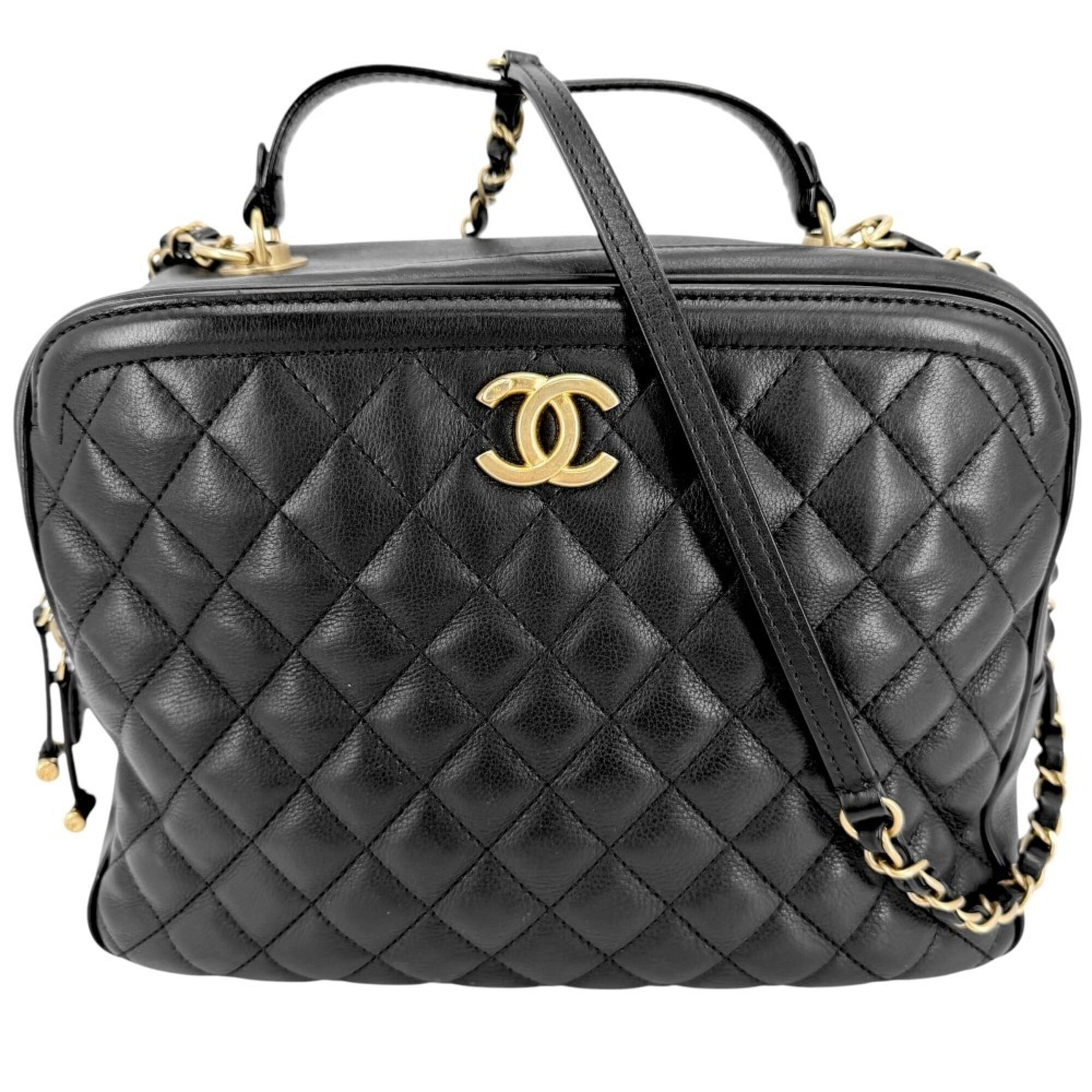 Chanel Matelasse Black Leather Handbag Shoulder Bag Vanity Bag (Pre-Owned)