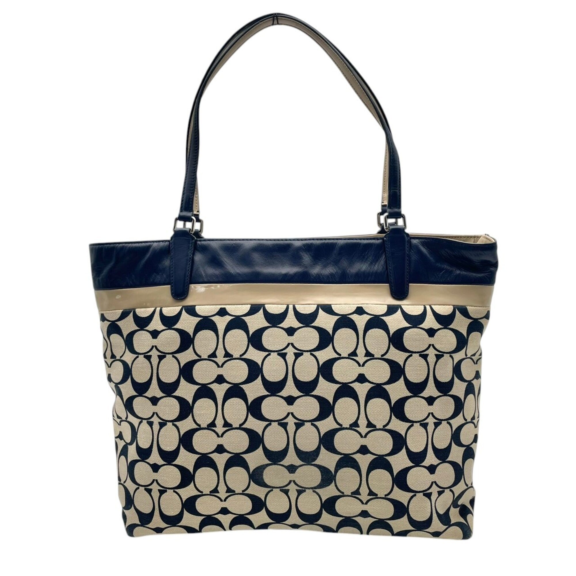 Coach Beige Navy Canvas Leather Handbag Tote Bag (Pre-Owned)
