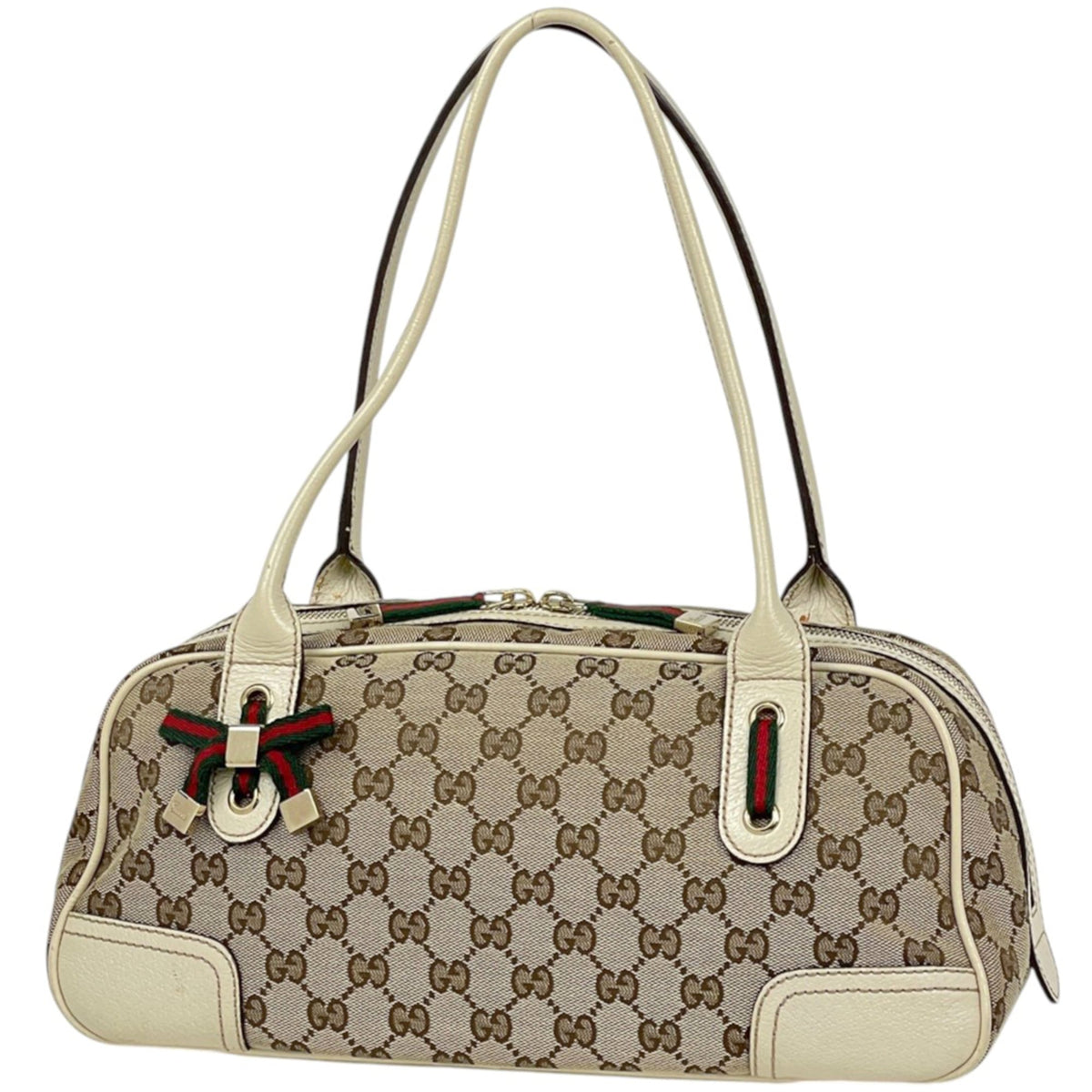 Gucci Beige White Gg Canvas Leather Shoulder Bag (Pre-Owned)