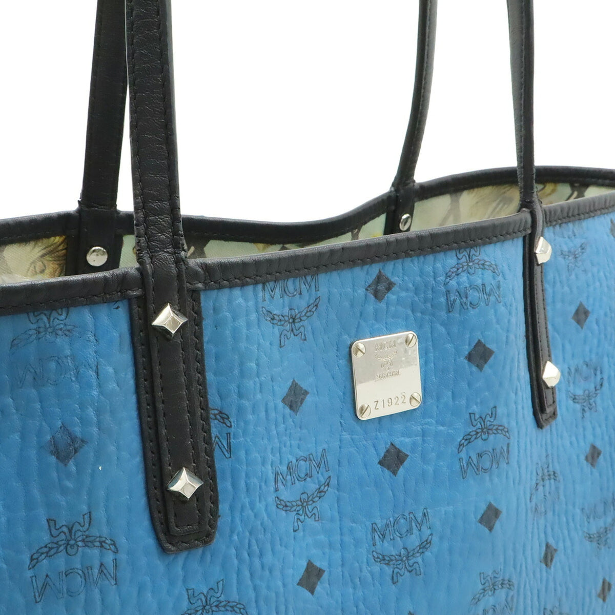 Mcm Black Blue Canvas Canvas Leather Shoulder Bag Tote Bag (Pre-Owned)