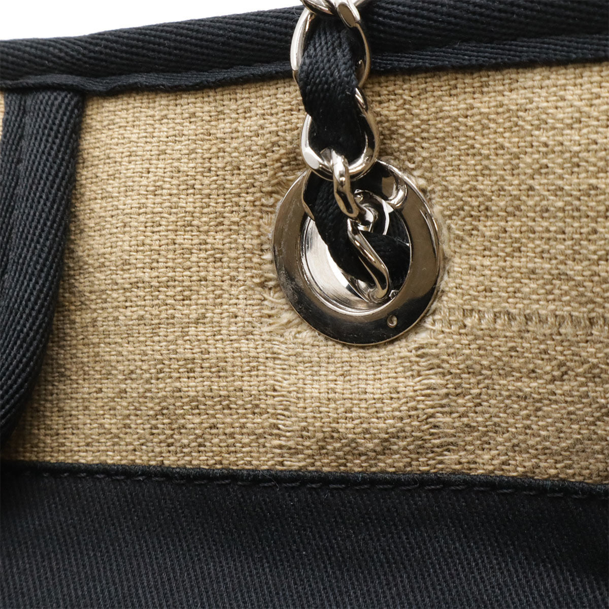 Chanel Beige Black Canvas Shoulder Bag Tote Bag (Pre-Owned)