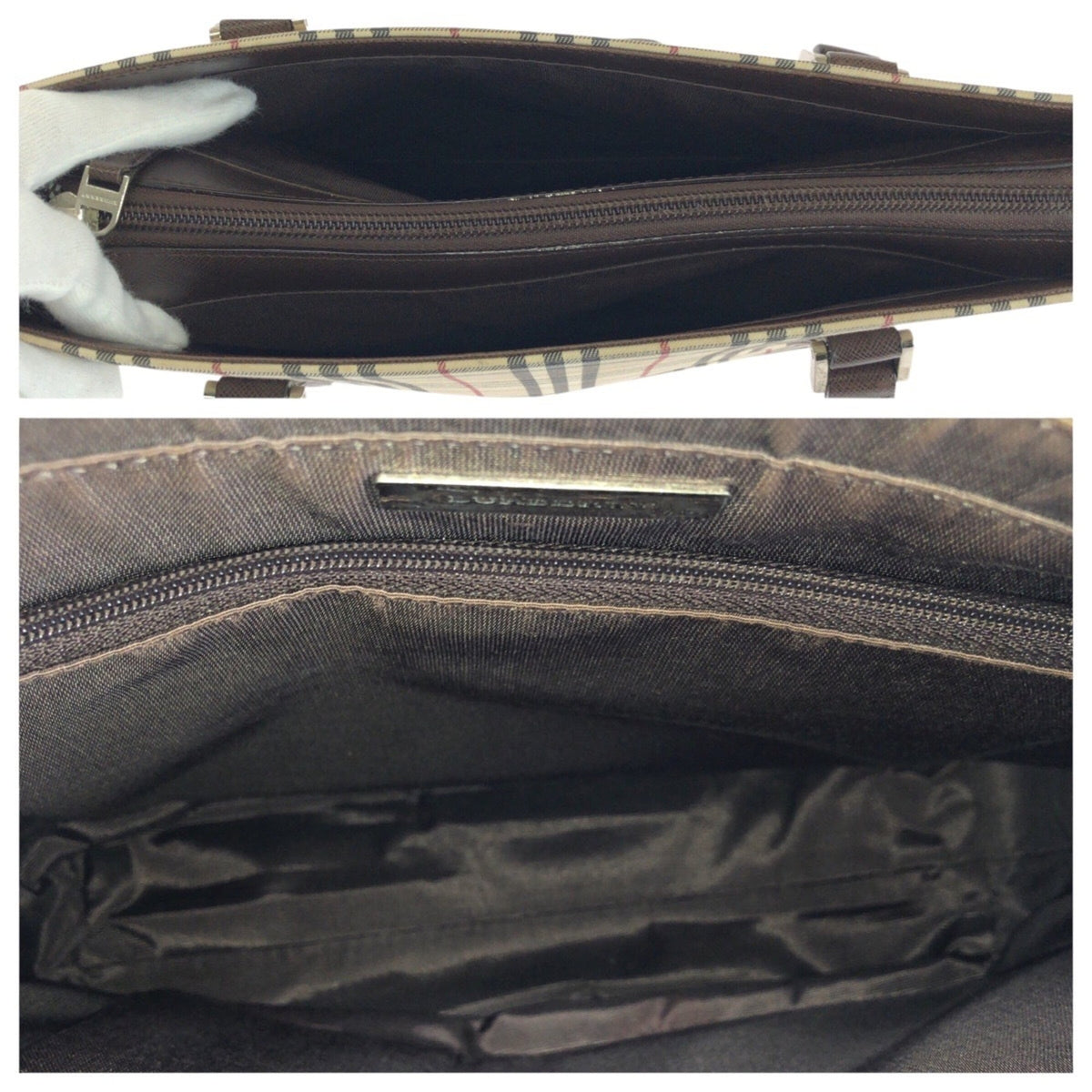 Burberry Beige Dark Brown Canvas Leather Shoulder Bag Tote Bag (Pre-Owned)