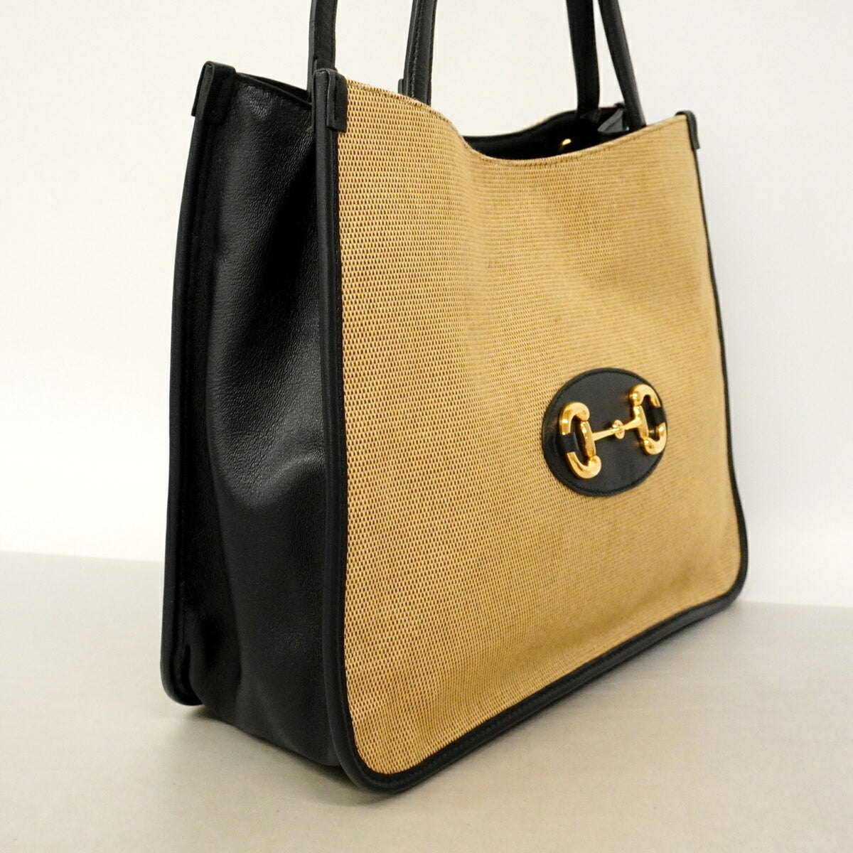 Gucci Beige Navy Canvas Leather Tote Bag (Pre-Owned)