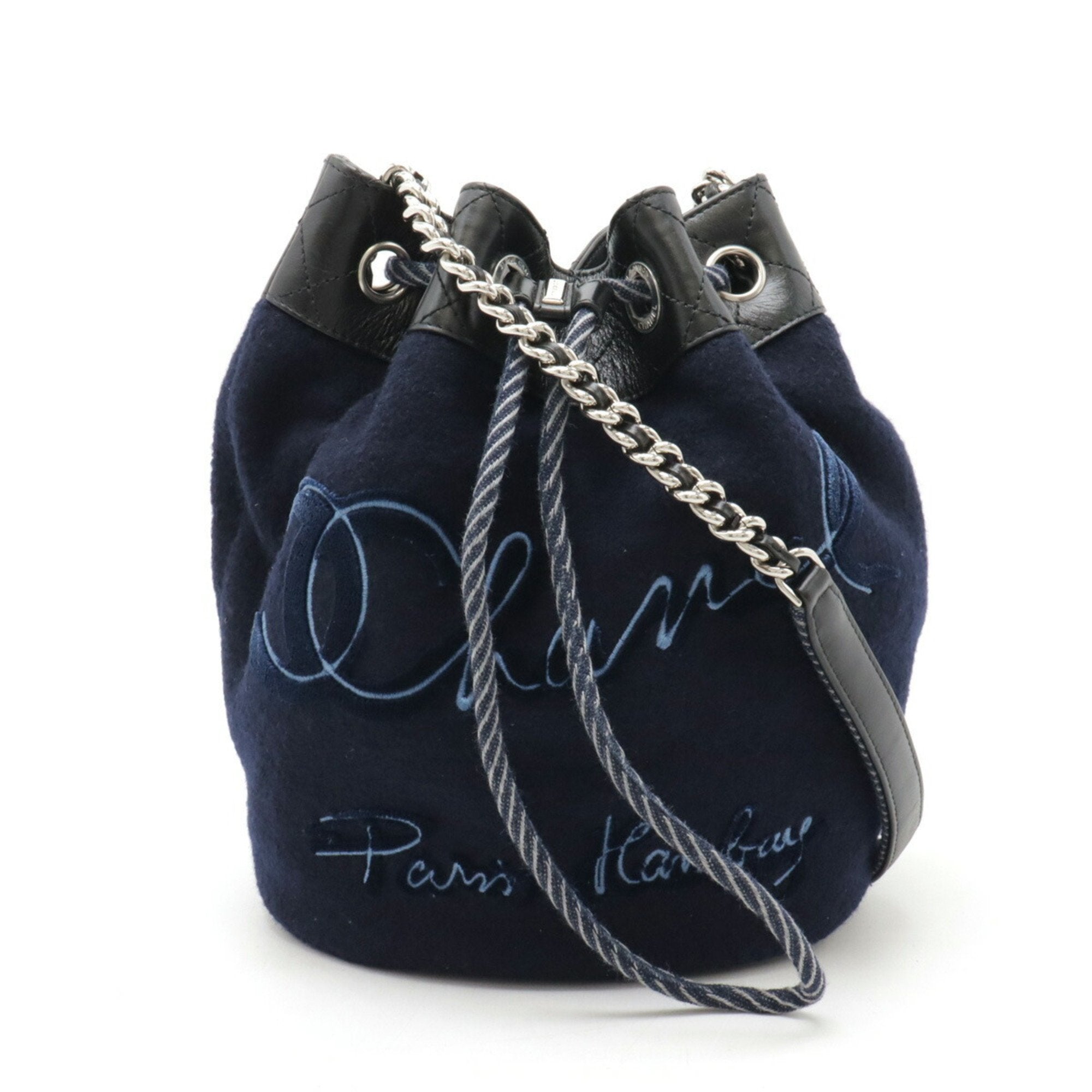 Chanel Black Navy Wool Leather Shoulder Bag (Pre-Owned)