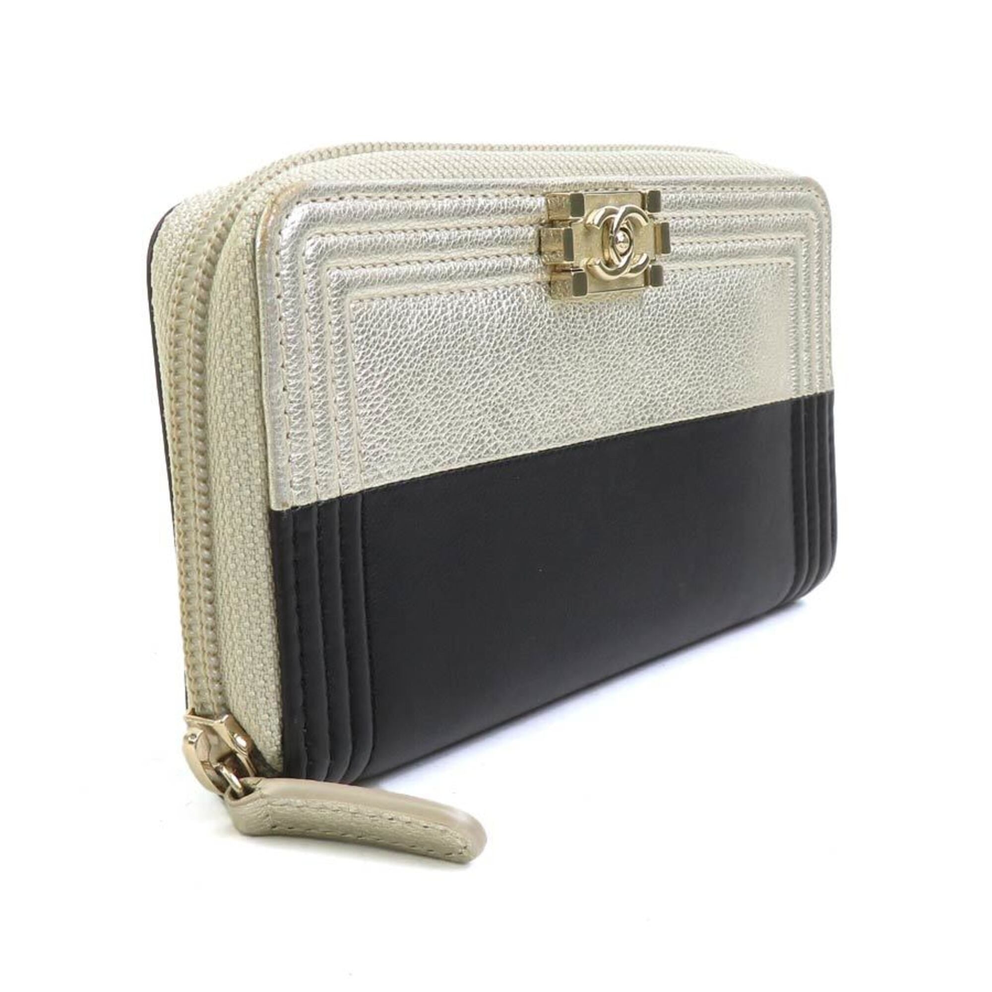 Chanel Gold Black Leather Long Wallet (Bi-Fold) (Pre-Owned)