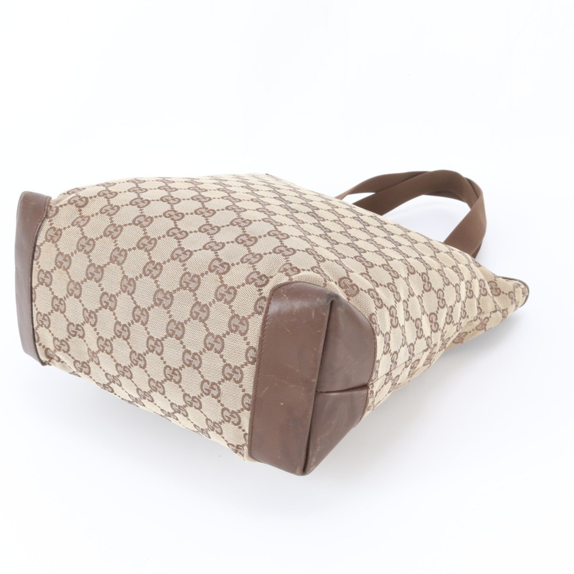 Gucci Beige Brown Leather Canvas Shoulder Bag Tote Bag (Pre-Owned)