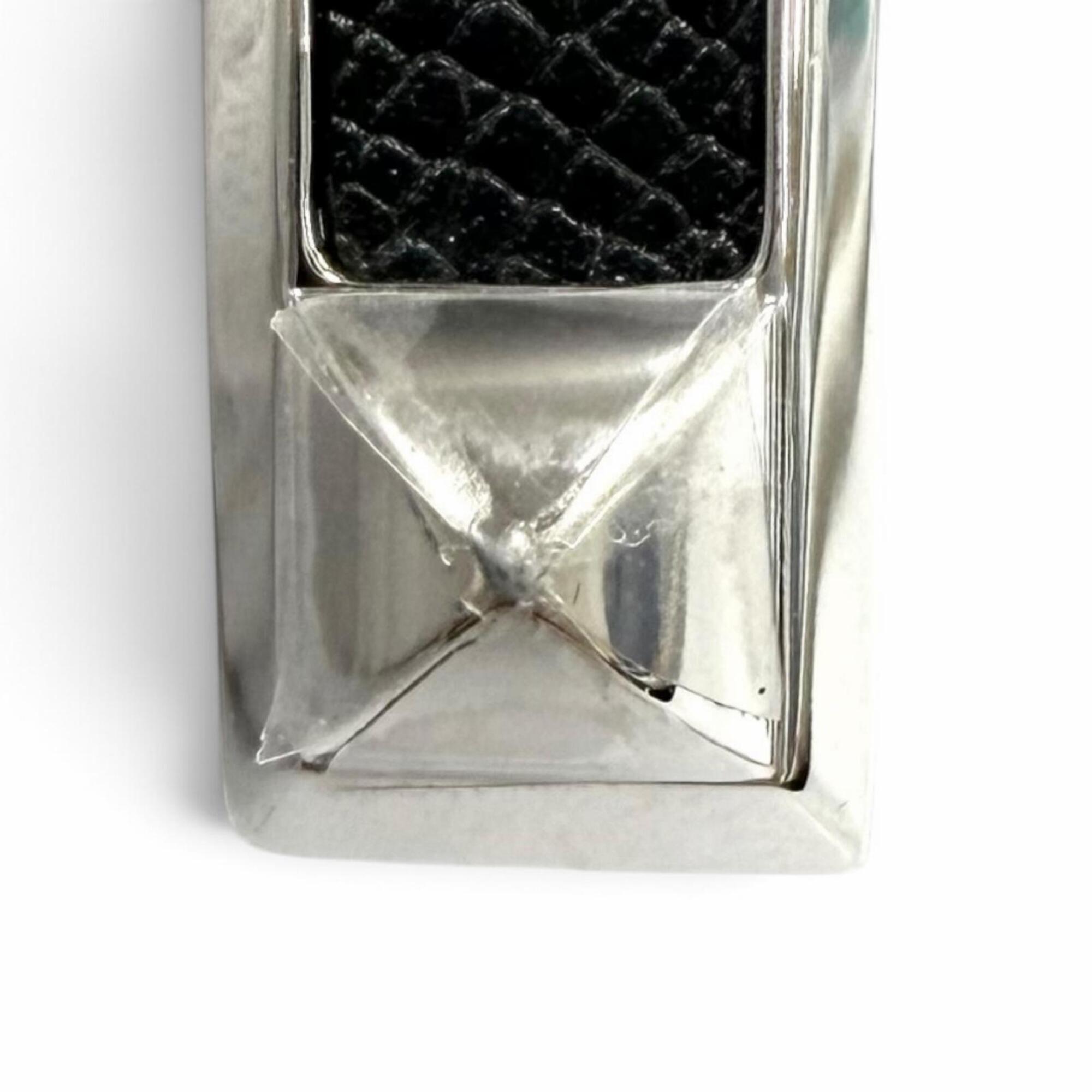 Hermes Silver Black Epsom Leather Metal Band Ring (Pre-Owned)