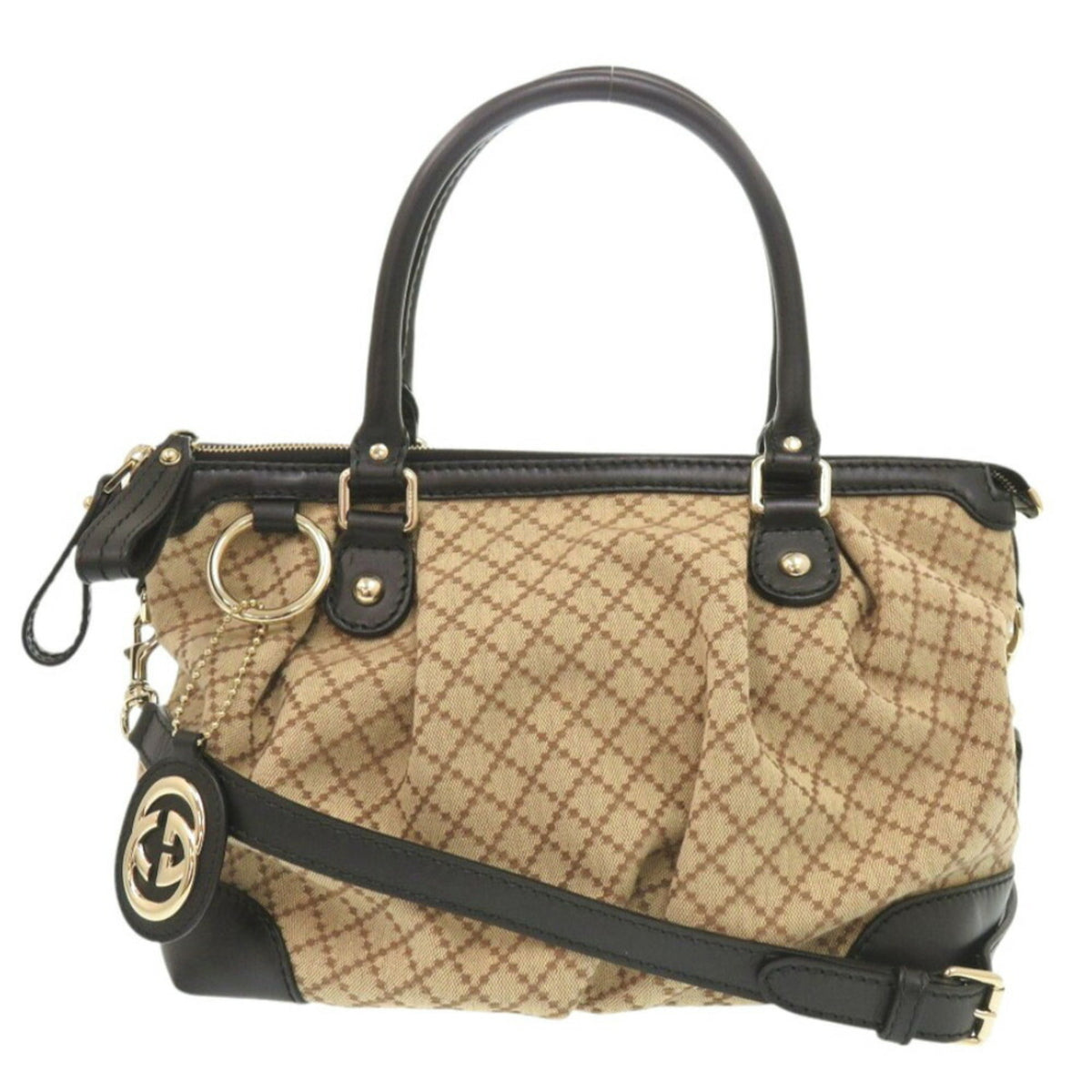 Gucci Beige Black Gg Canvas Leather Handbag (Pre-Owned)