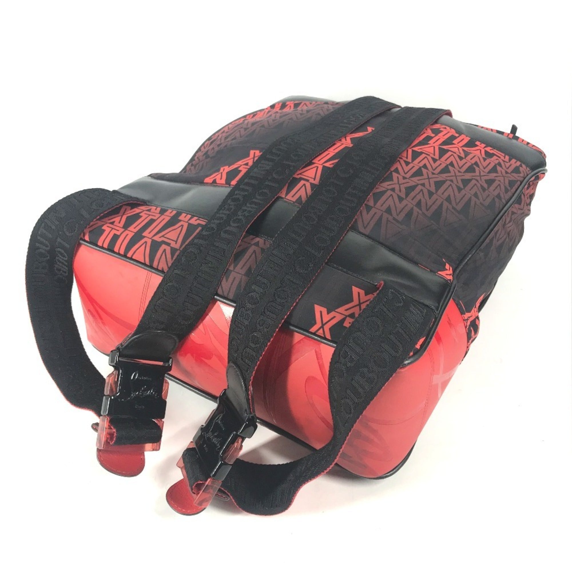 Christian Louboutin Black Red Color Nylon Leather Backpack (Pre-Owned)