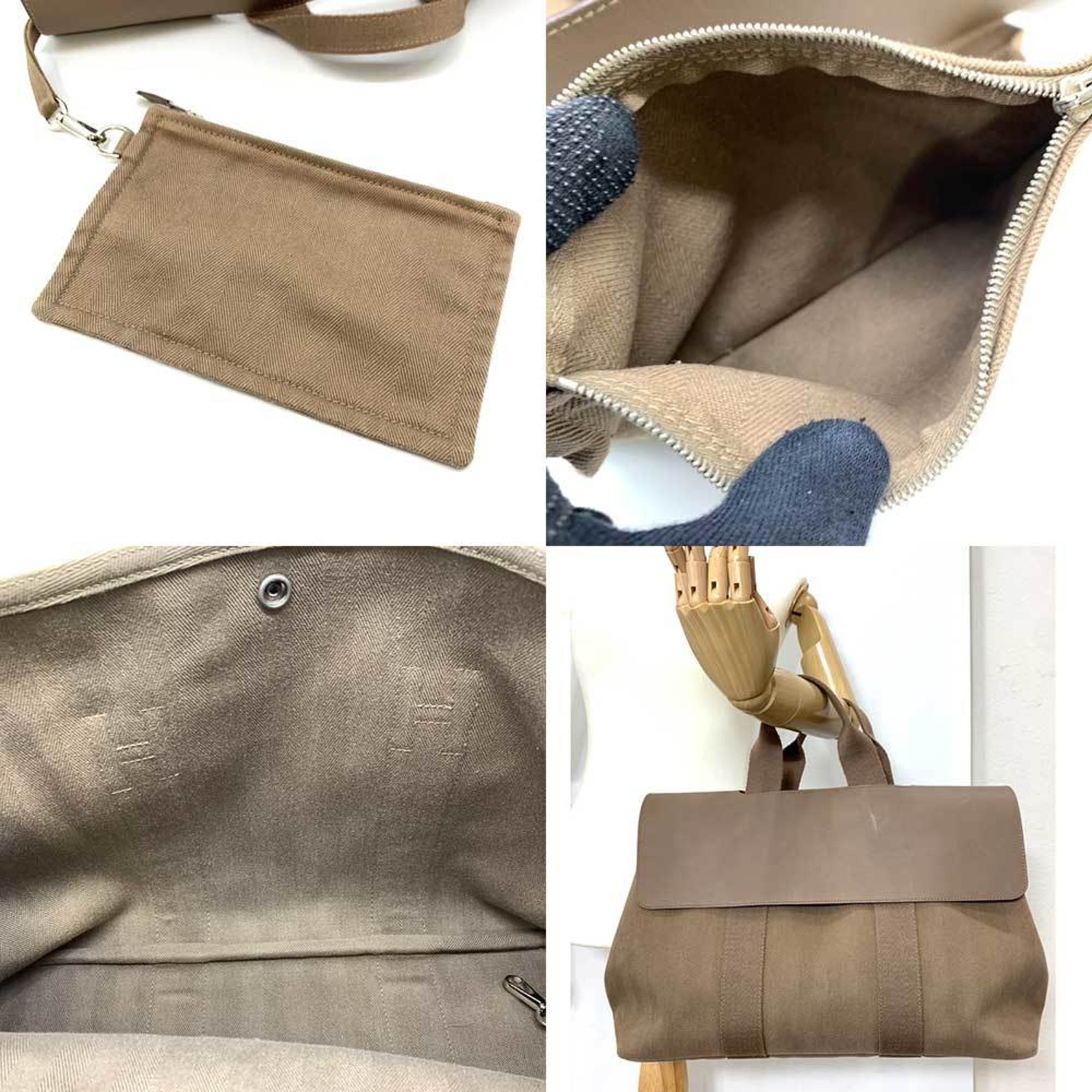 Hermes Beige Grayish Toile Chevron Leather Handbag (Pre-Owned)