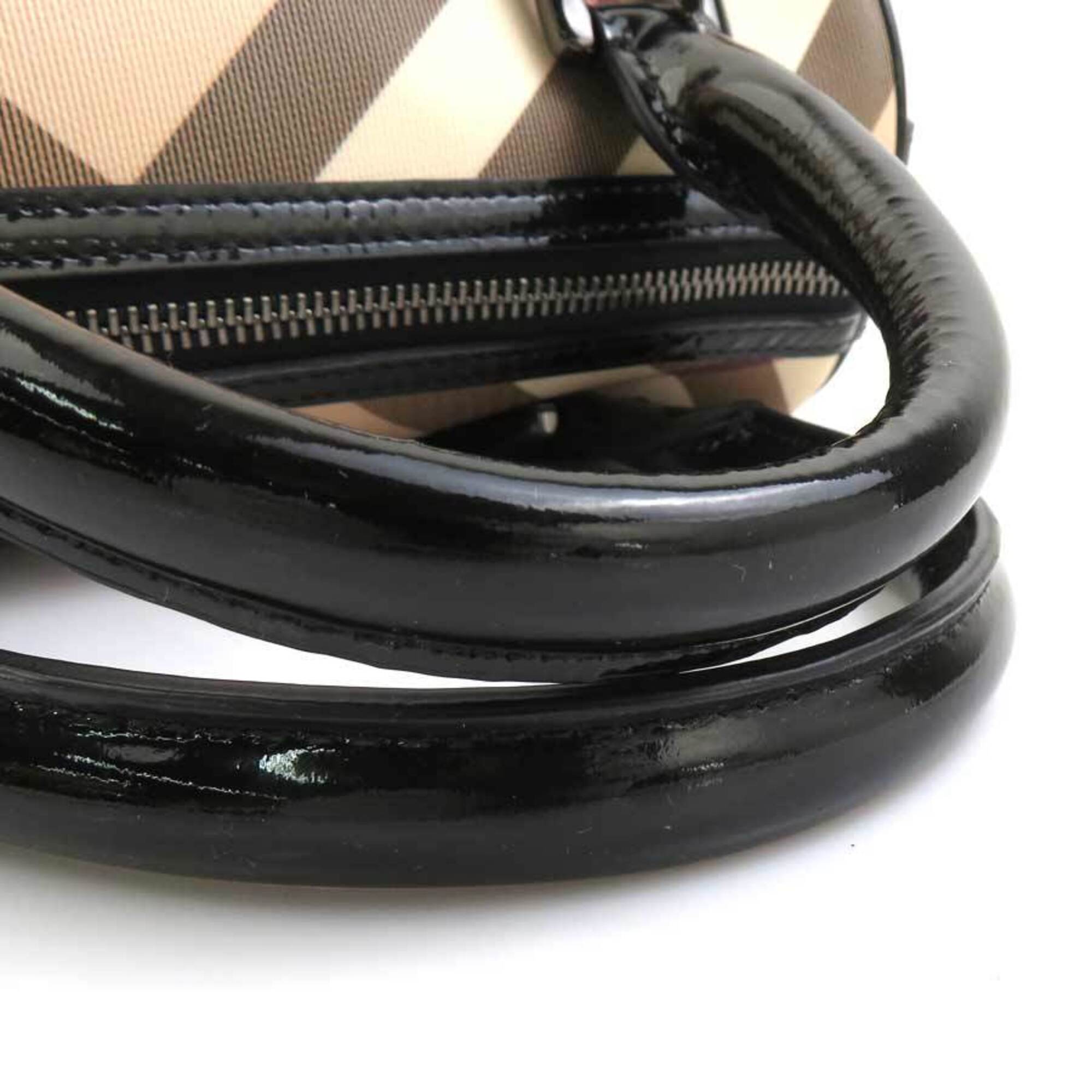 Burberry Beige Black Coated Canvas Patent Leather Handbag (Pre-Owned)
