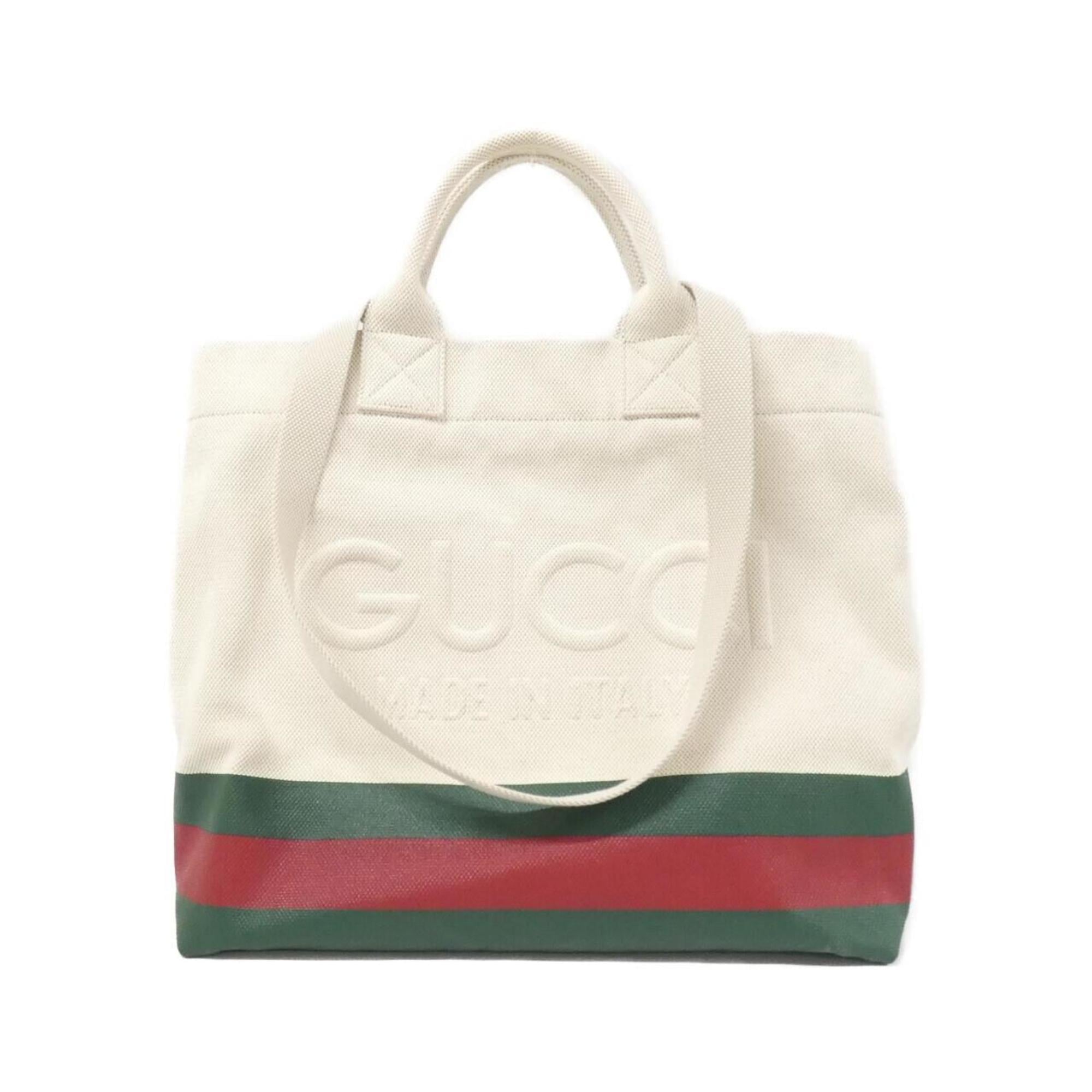 Gucci Green Red Color White Canvas Handbag (Pre-Owned)