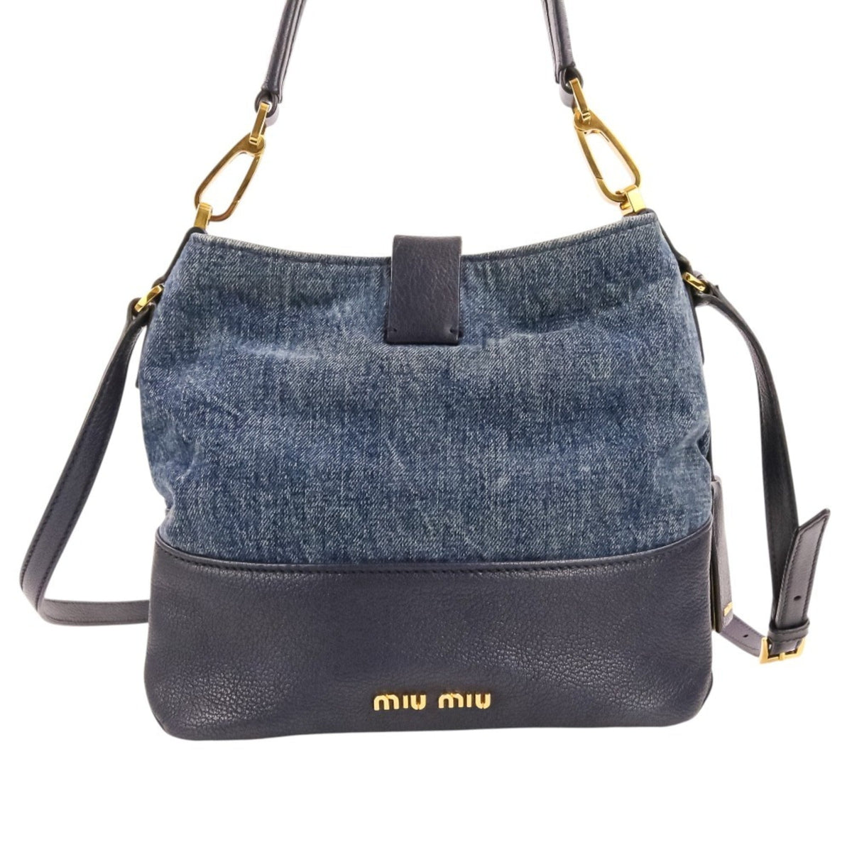 Miu Miu Navy Leather Denim Tote Bag (Pre-Owned)
