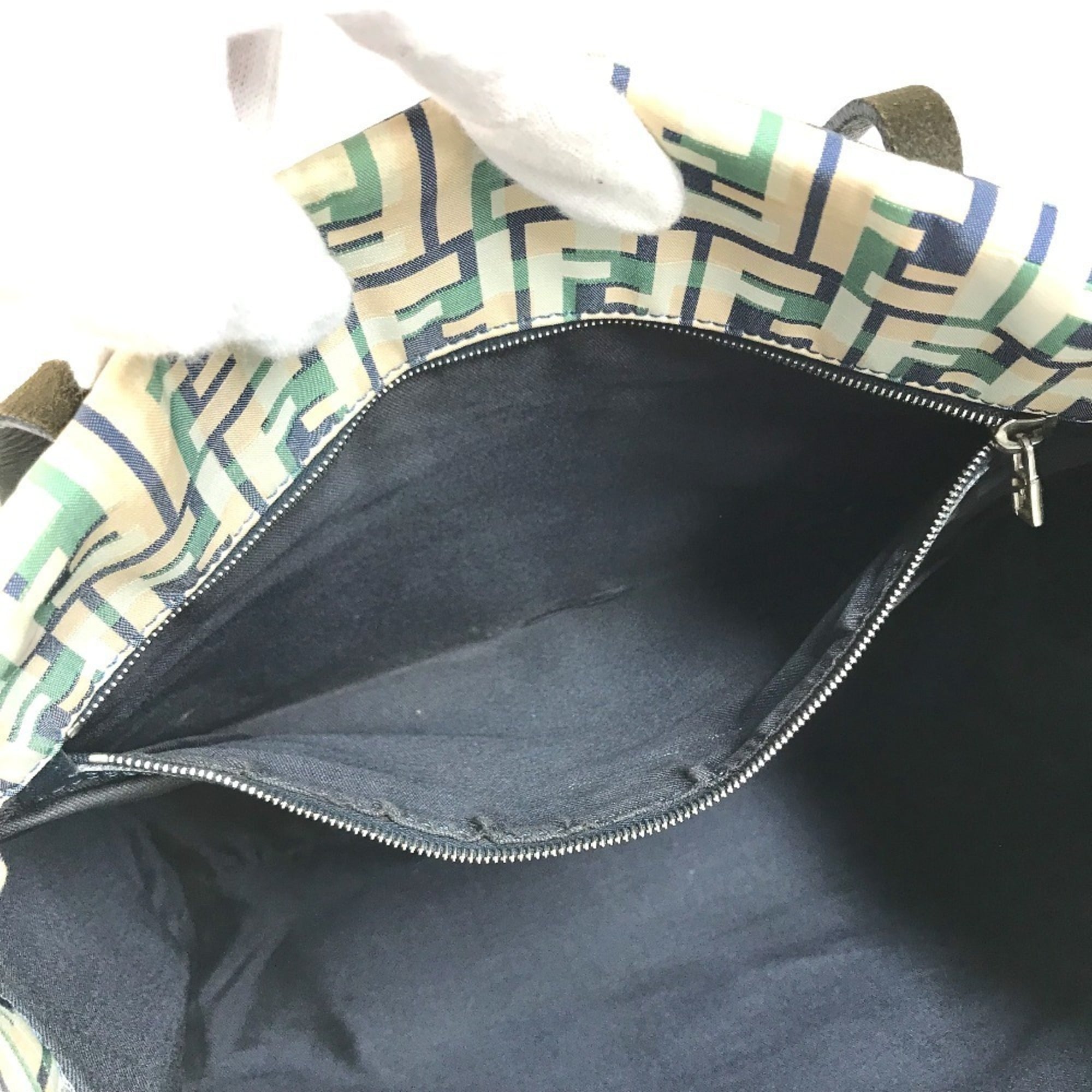 Fendi Beige Blue Green Leather Canvas Shoulder Bag Tote Bag (Pre-Owned)