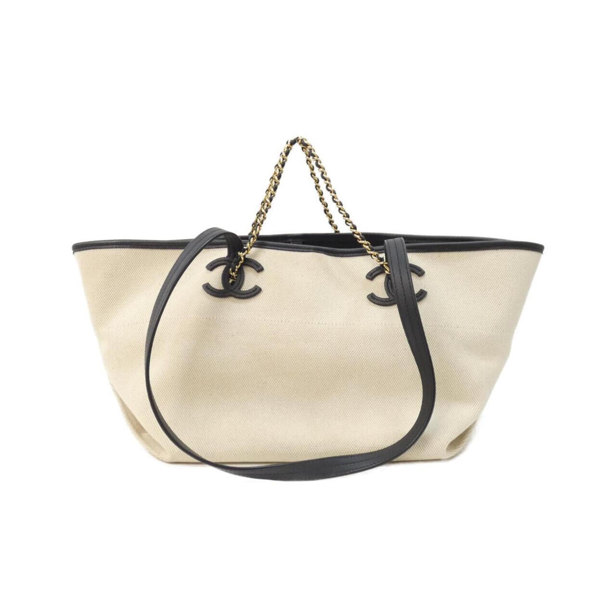Chanel Black Ivory Canvas Leather Handbag (Pre-Owned)