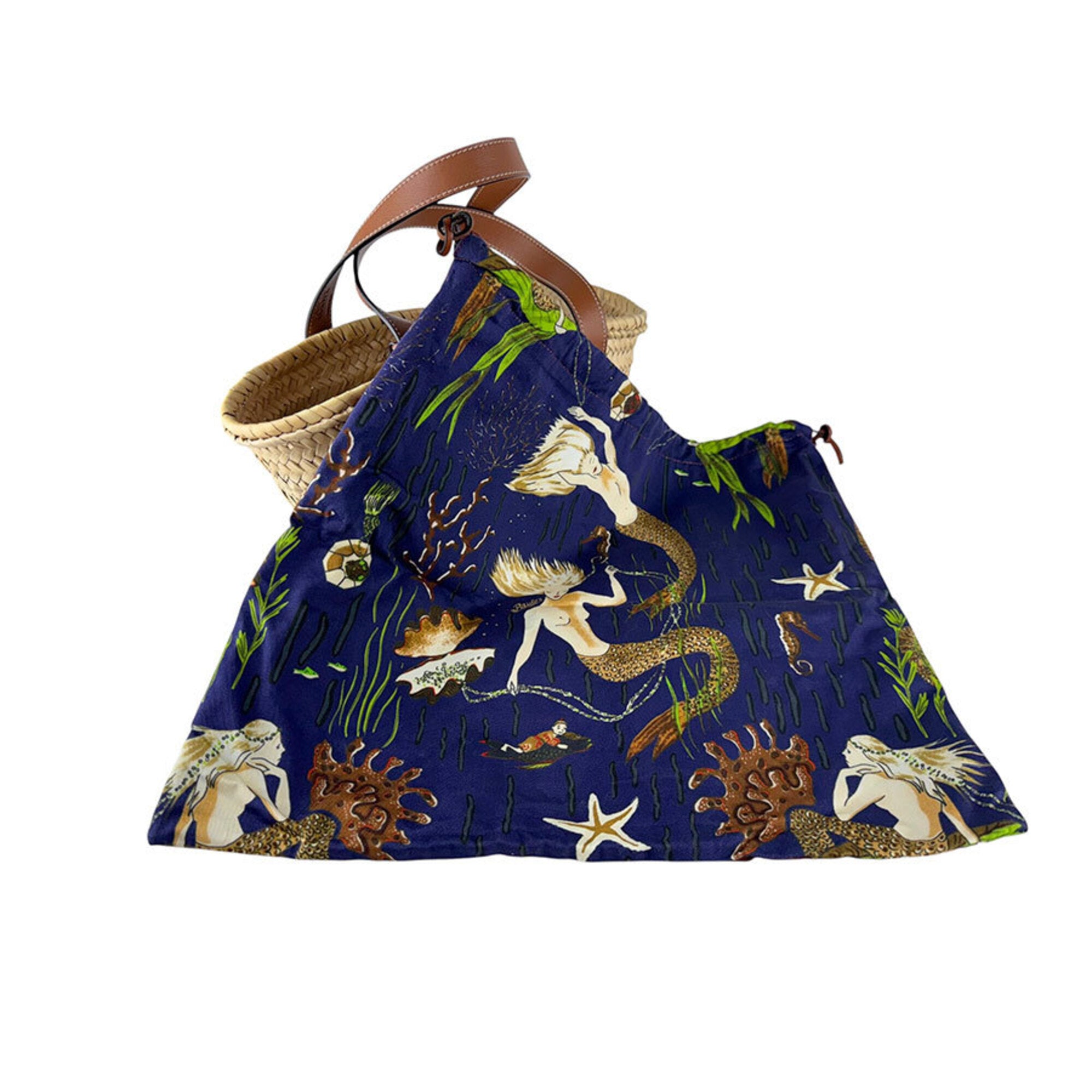 Loewe Brown Navy Raffia Canvas Basket Handbag Pouch (Pre-Owned)