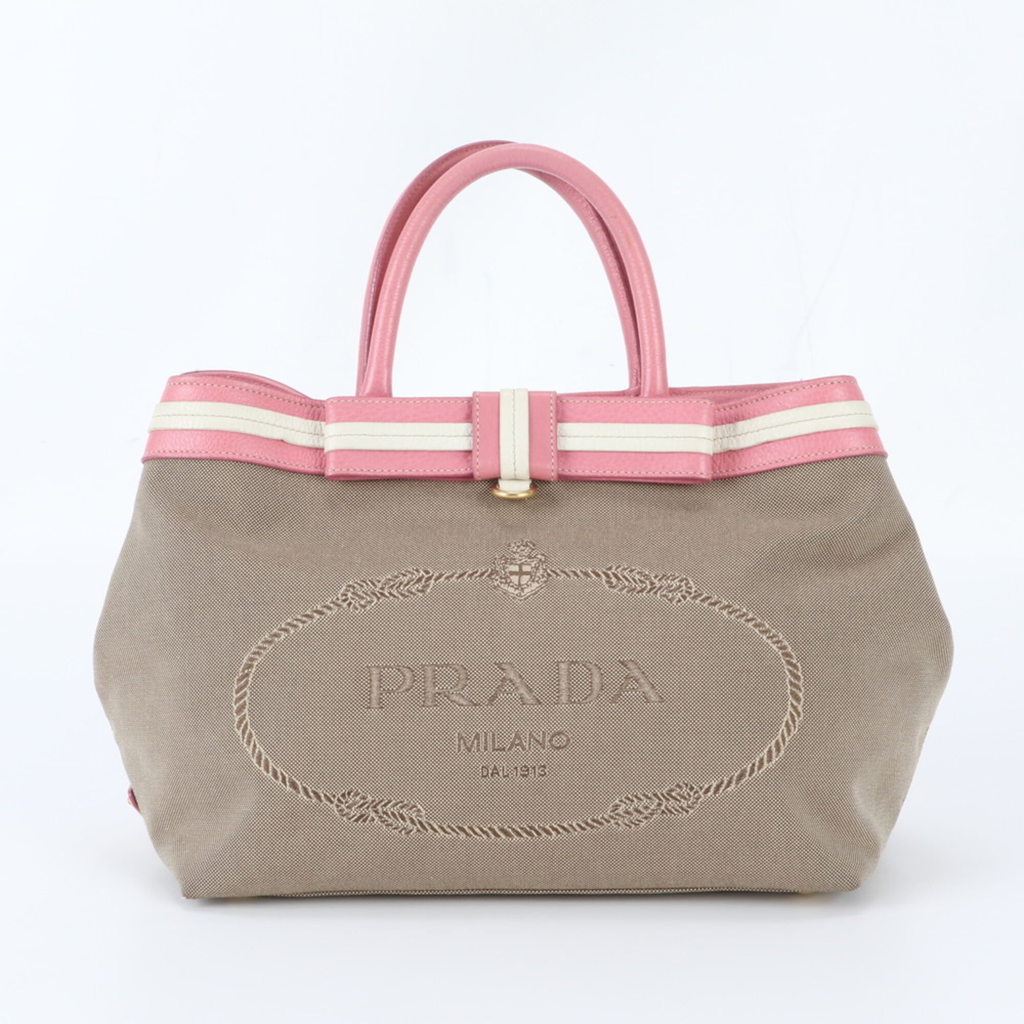 Prada Beige Pink Canvas Leather Handbag Tote Bag (Pre-Owned)