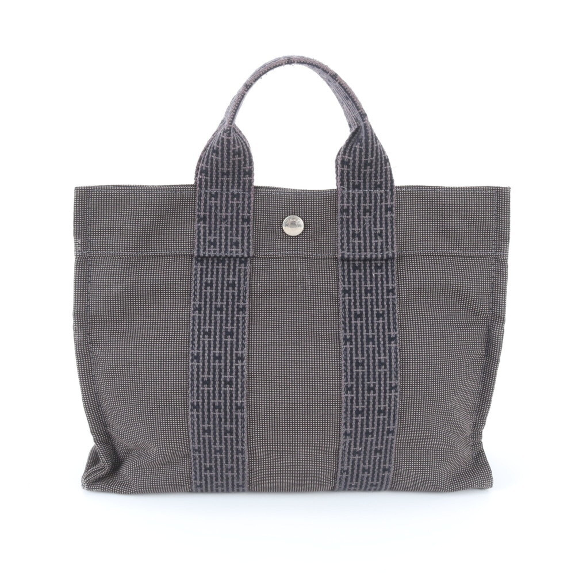 Hermes Black Gray Leather Canvas Handbag Tote Bag (Pre-Owned)