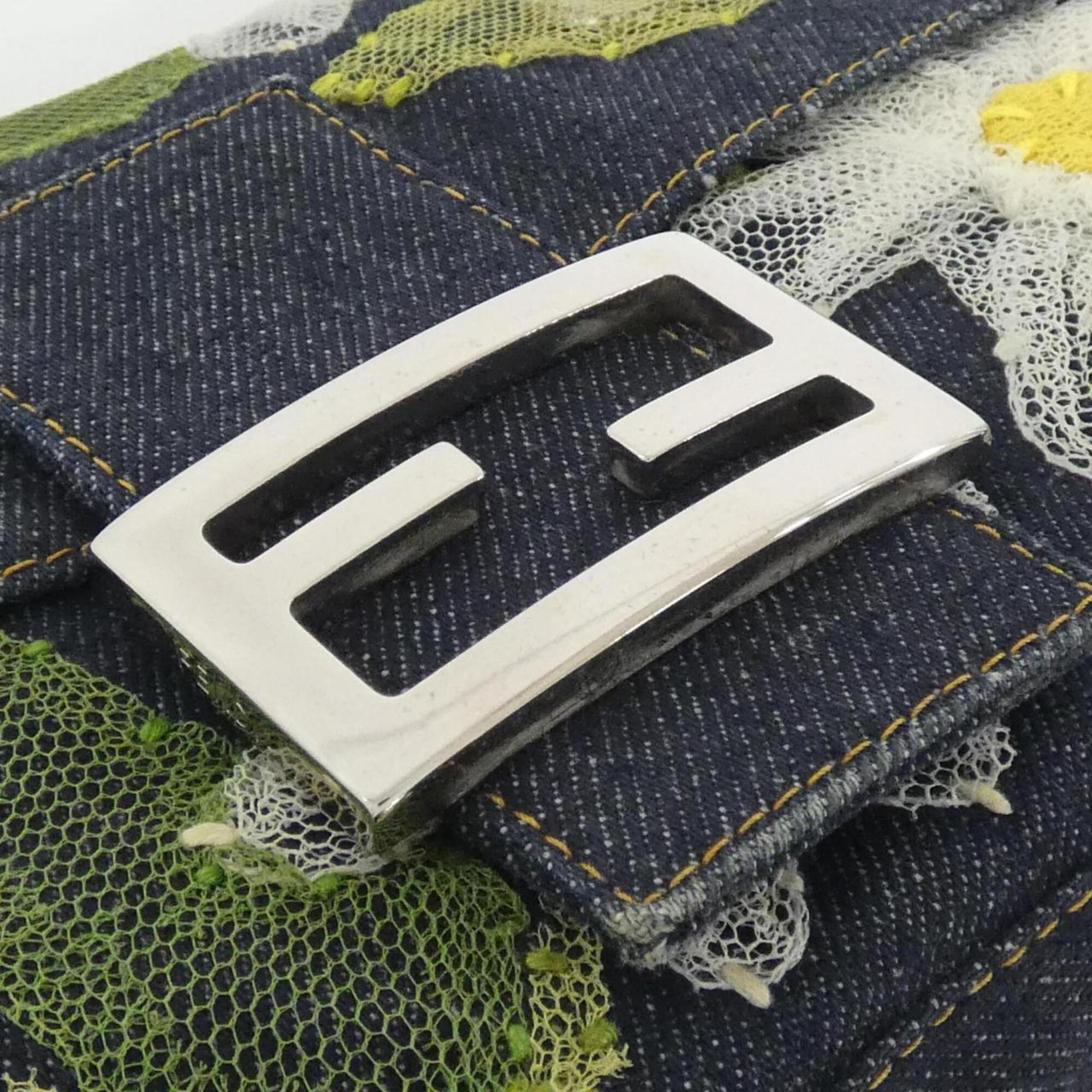 Fendi Baguette Green Navy White Yellow Denim Shoulder Bag (Pre-Owned)