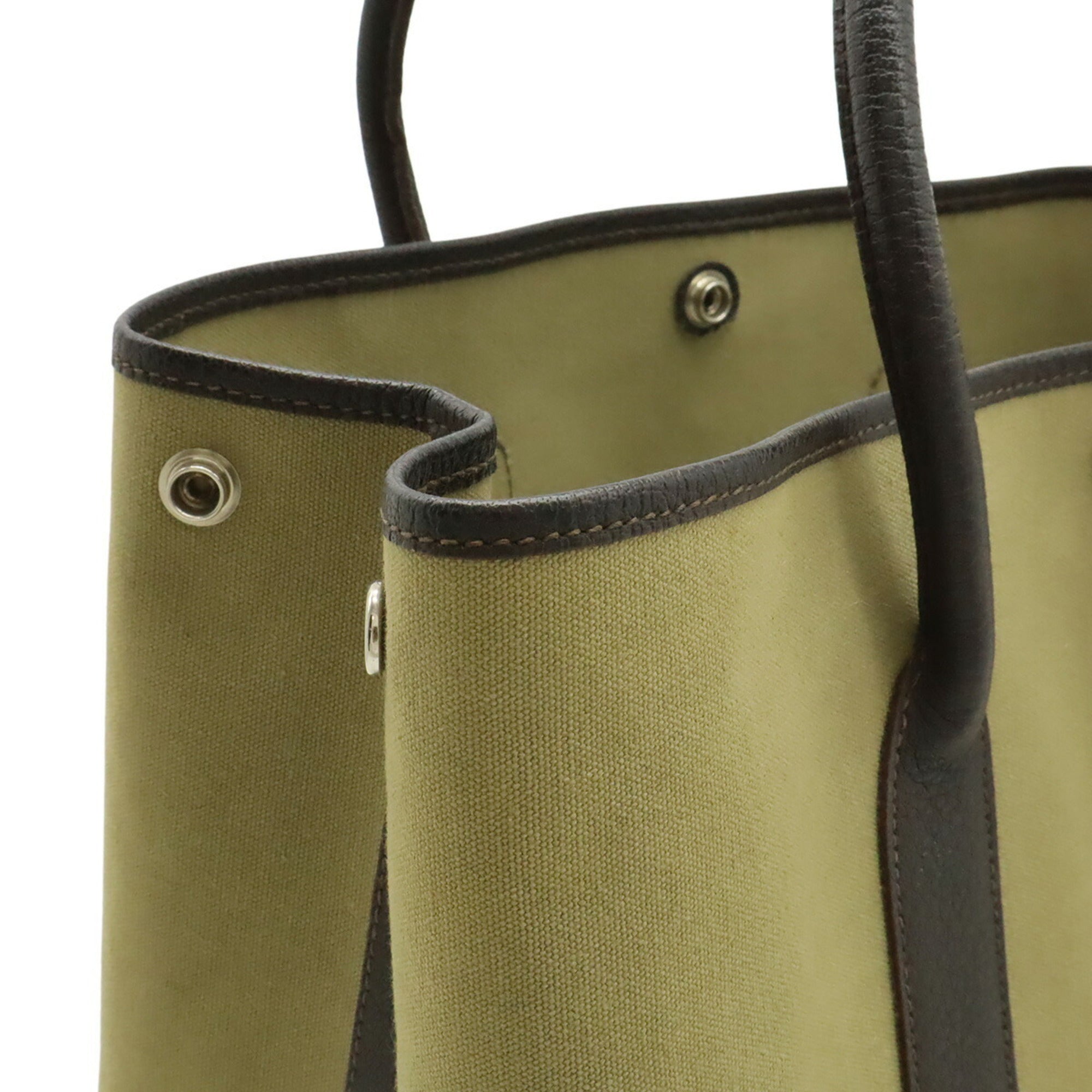 Hermes Garden Dark Brown Khaki Canvas Leather Handbag Tote Bag (Pre-Owned)