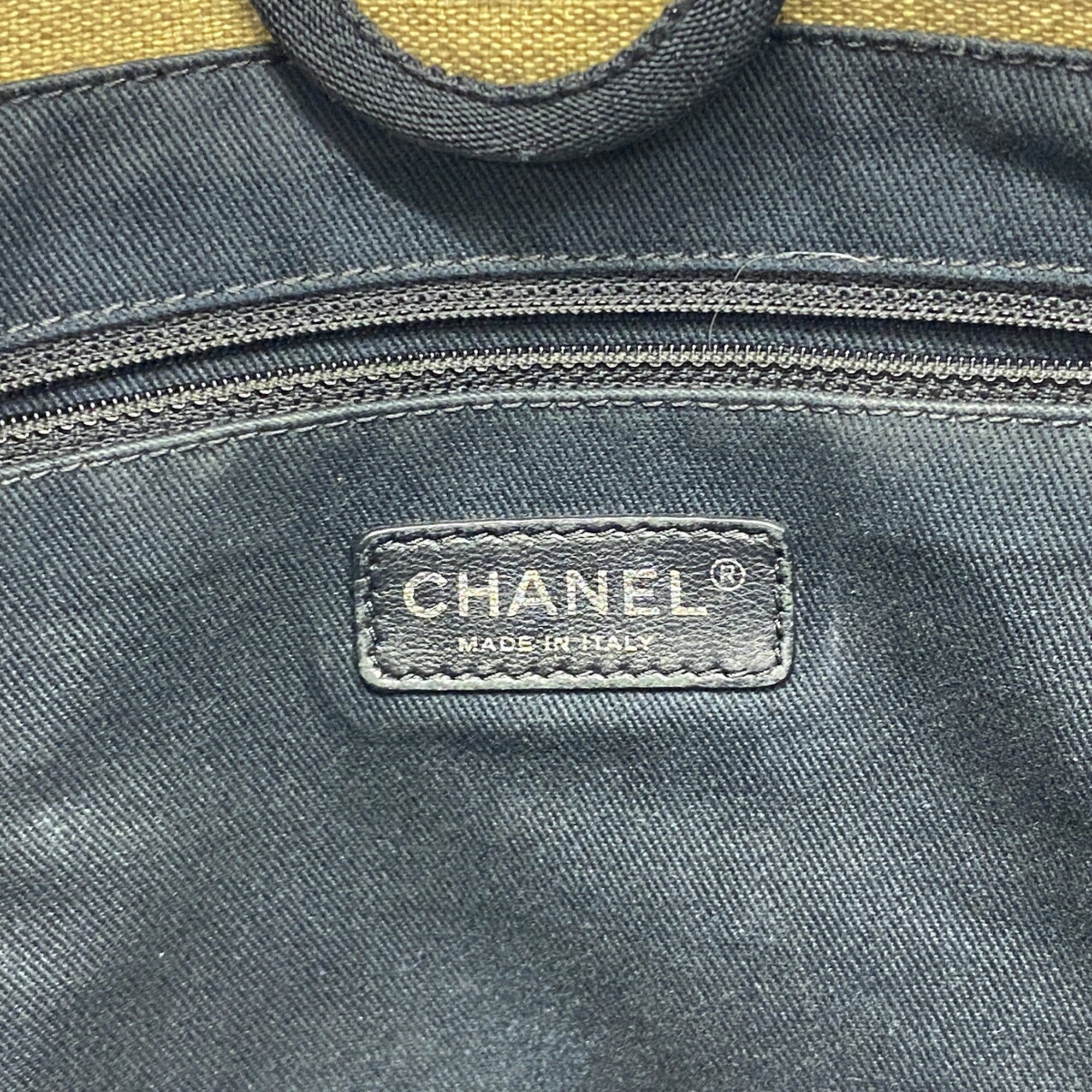 Chanel Beige Black Canvas Tote Bag (Pre-Owned)