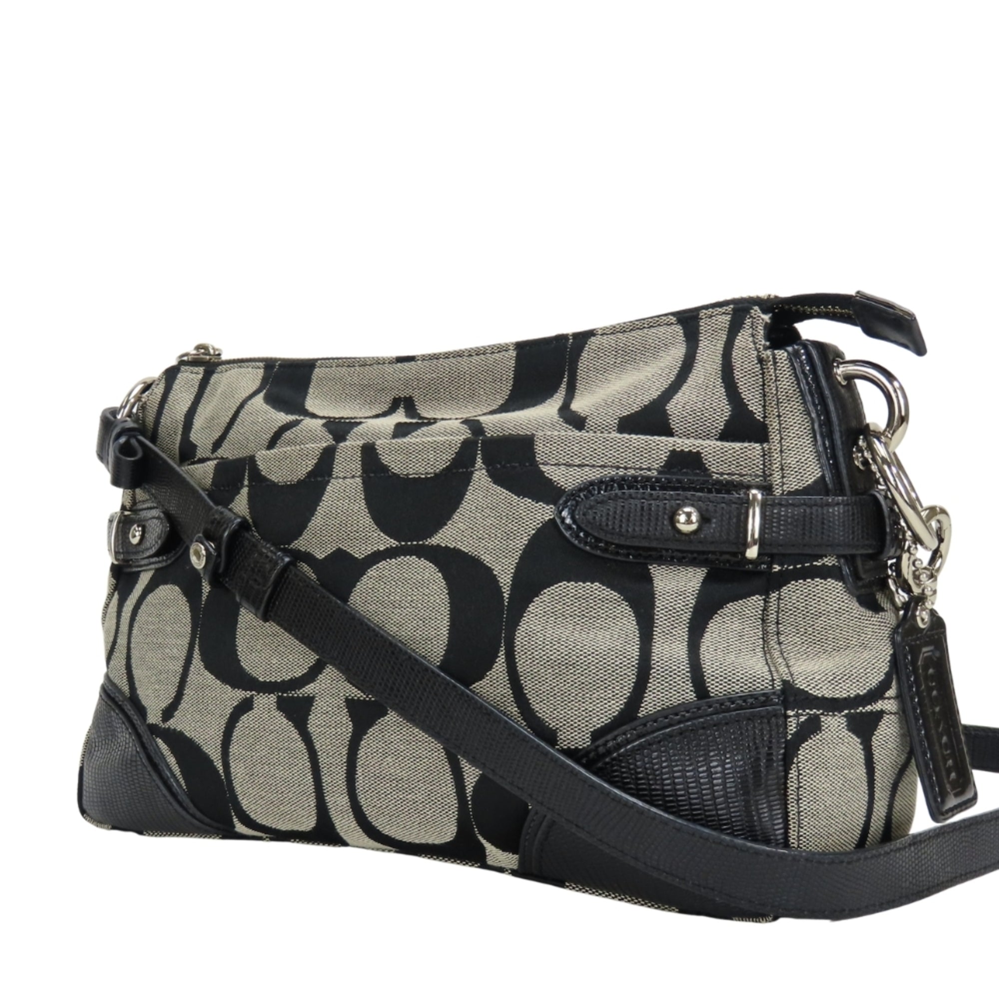Coach Signature Black Gray Canvas Leather Shoulder Bag (Pre-Owned)