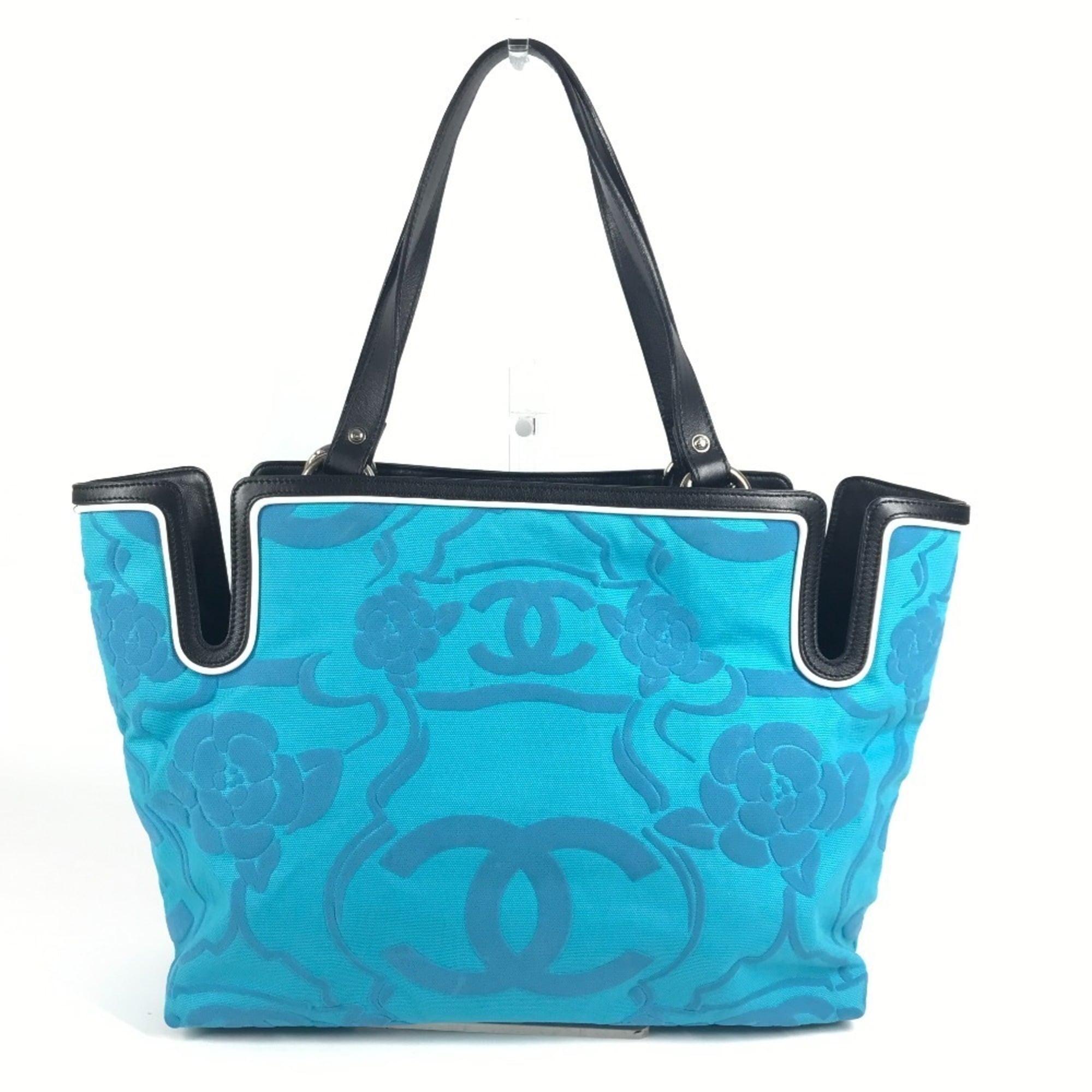 Chanel Black Blue Leather Canvas Shoulder Bag Tote Bag (Pre-Owned)