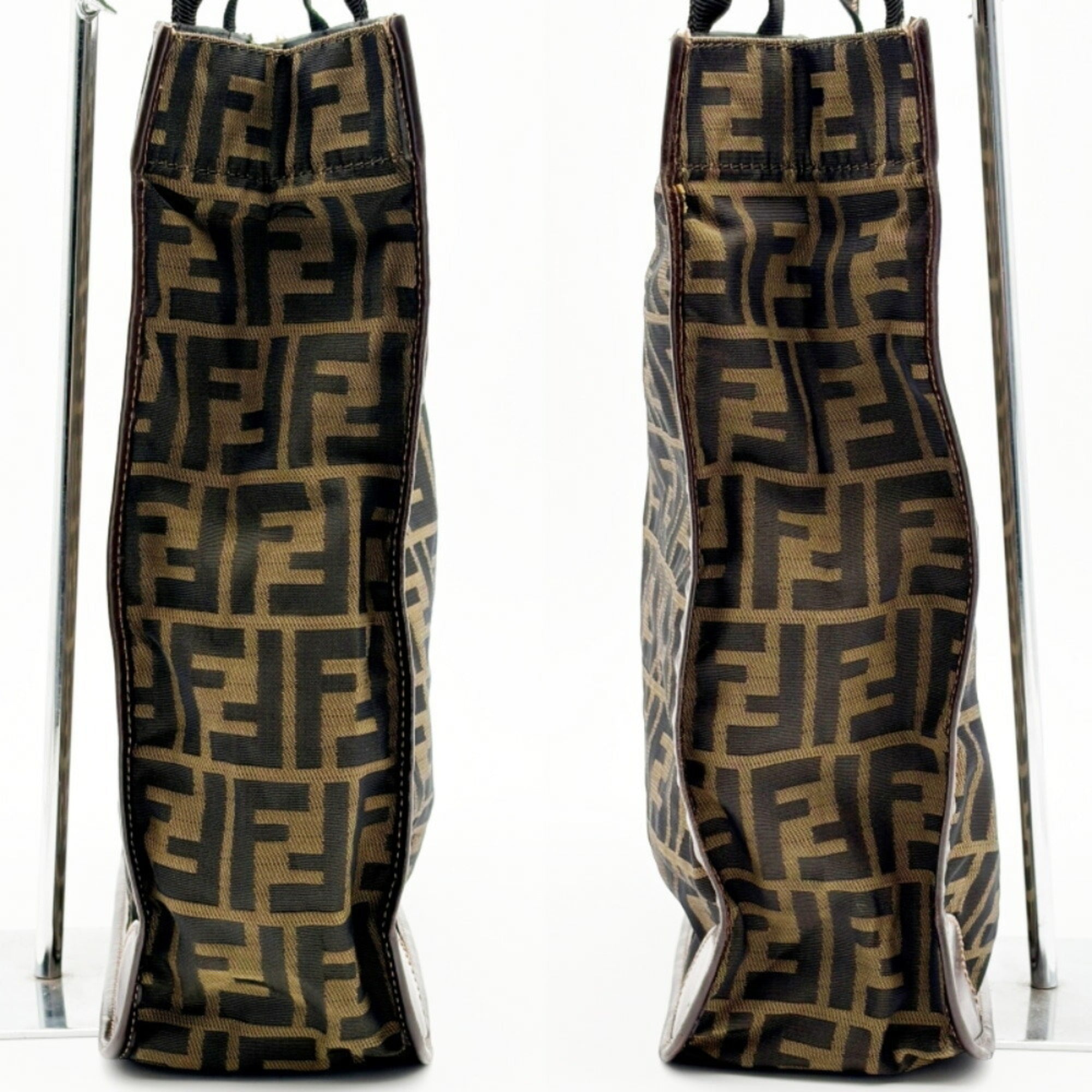 Fendi Zucchino Black Brown Dark Brown Zucchino Canvas Leather Tote Bag (Pre-Owned)