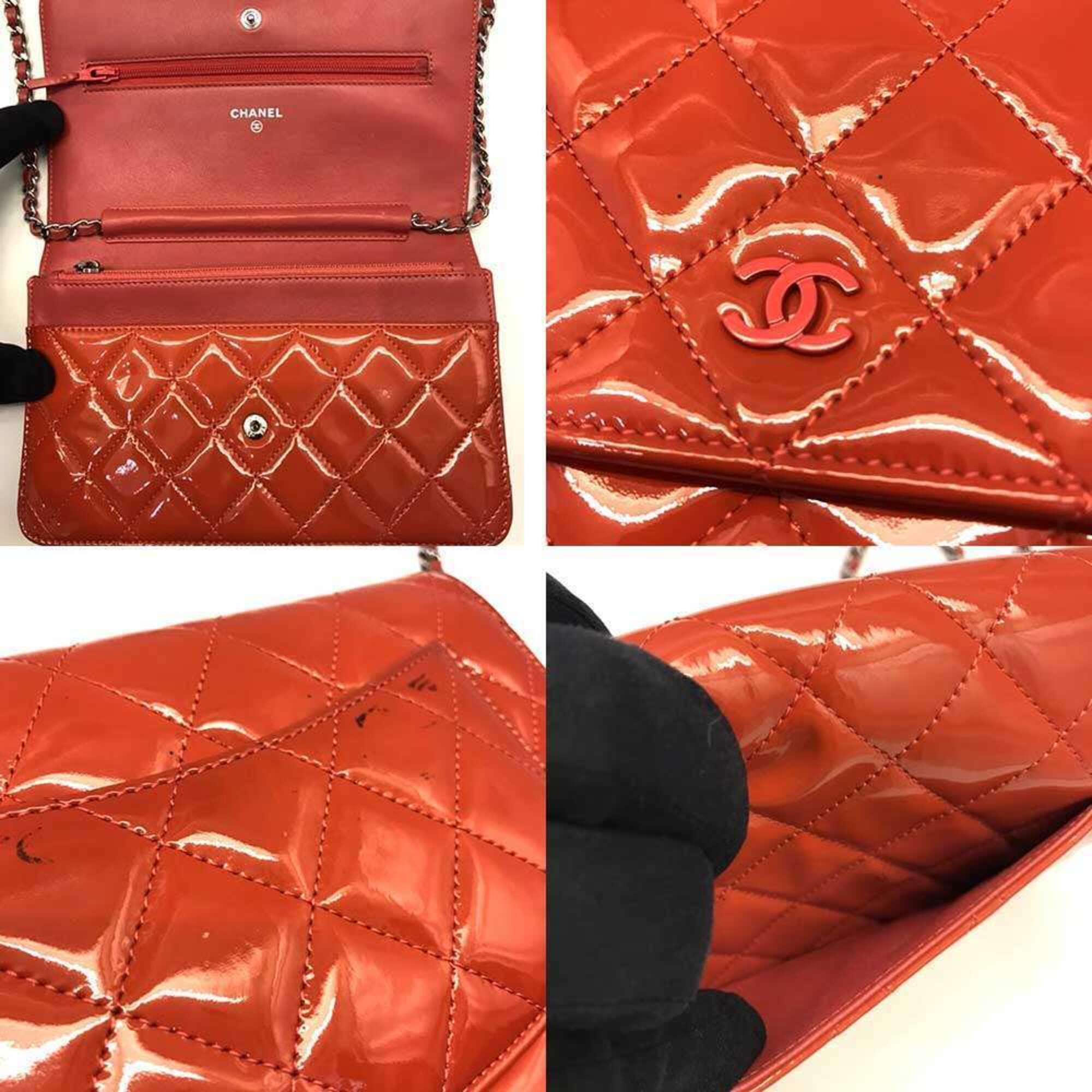 Chanel Coral Red Patent Leather Chain/Shoulder Wallet (Pre-Owned)