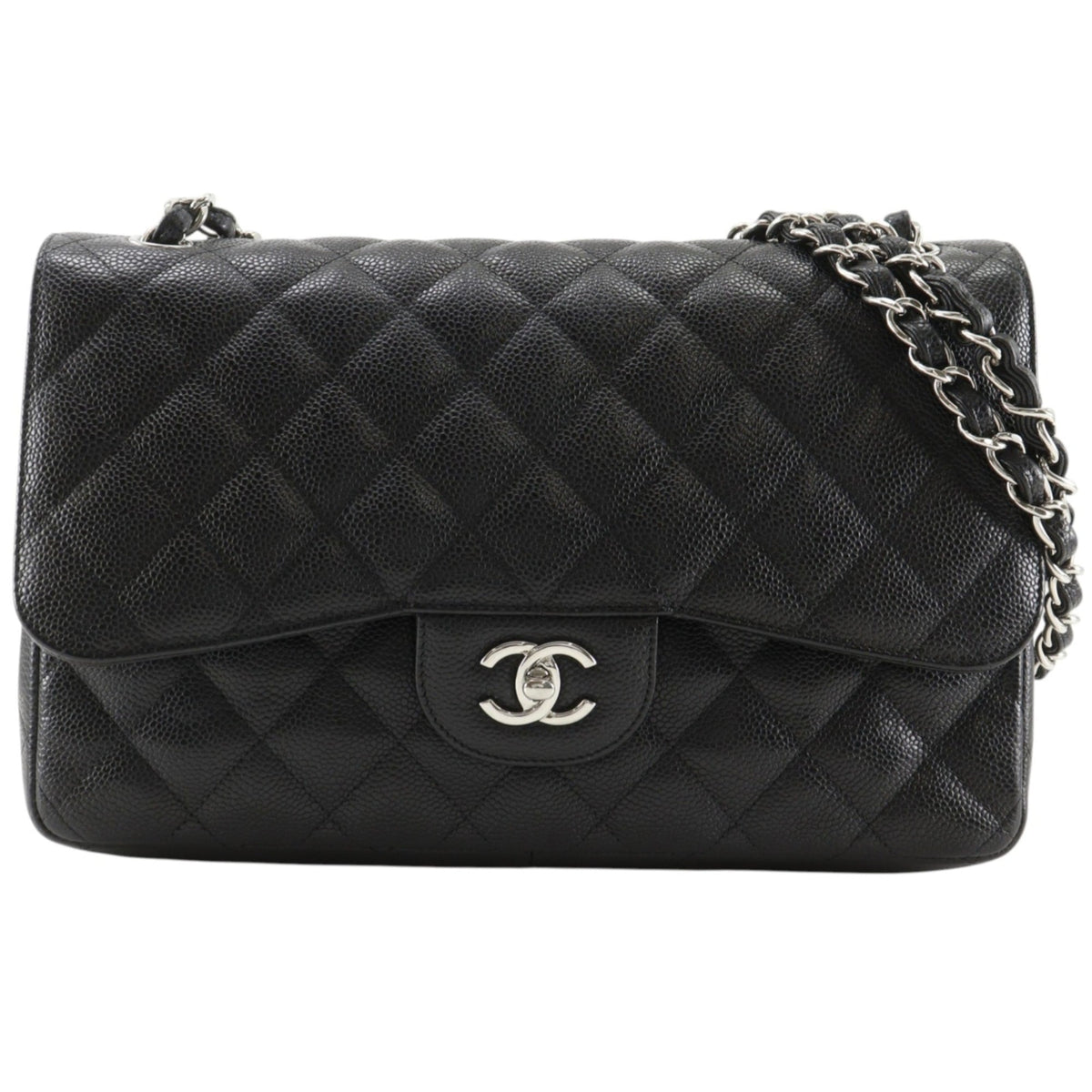 Chanel Black Silver Grained Calfskin Leather Shoulder Bag (Pre-Owned)