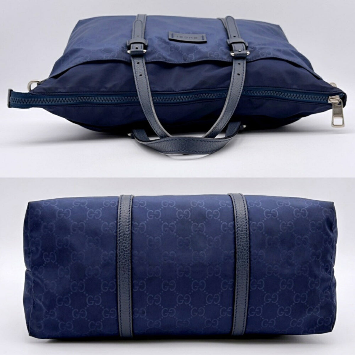 Gucci Navy Nylon Leather Tote Bag (Pre-Owned)