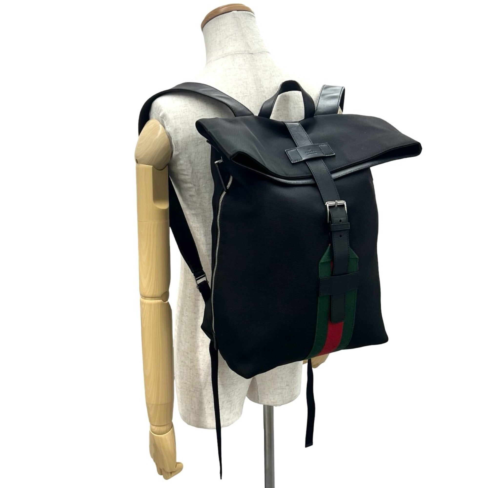 Gucci Black Green Red Color Canvas Leather Backpack (Pre-Owned)