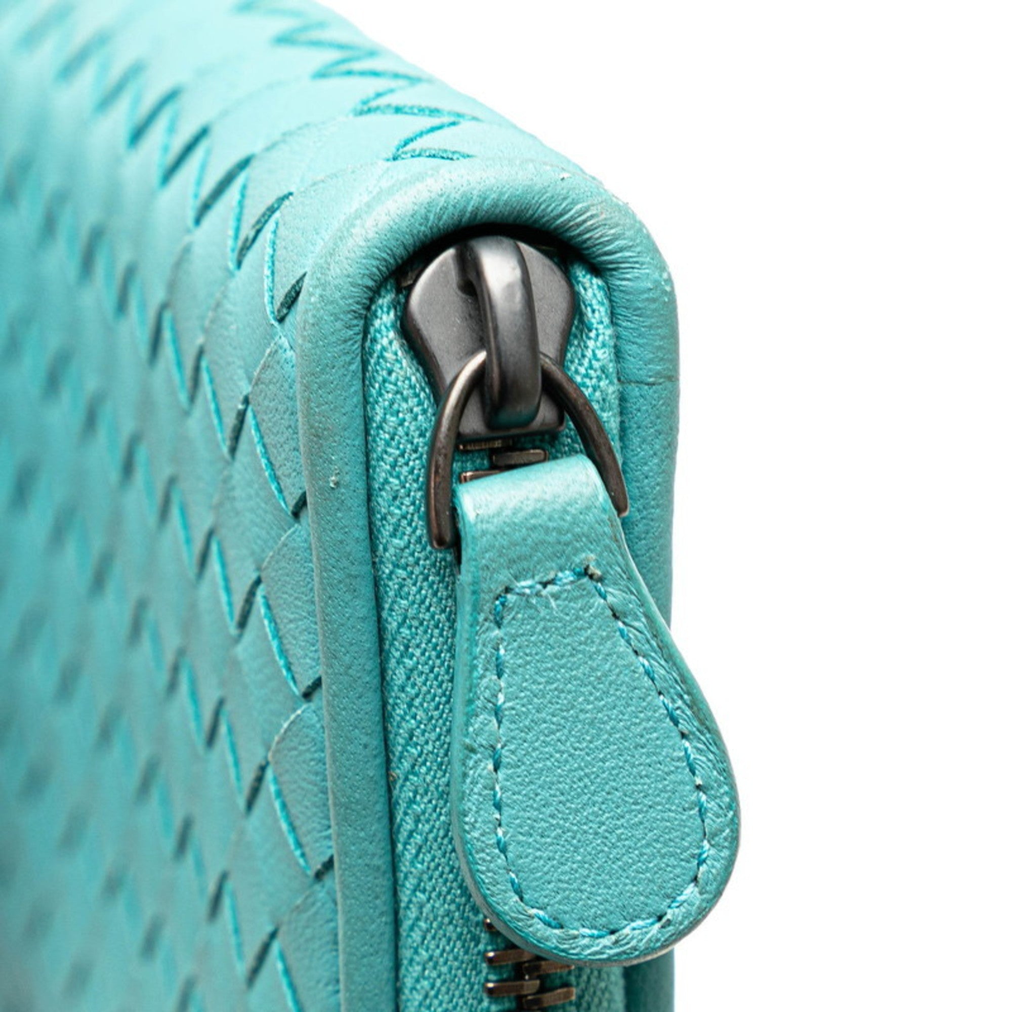 Bottega Veneta Green Light Blue Leather Long Wallet (Bi-Fold) (Pre-Owned)