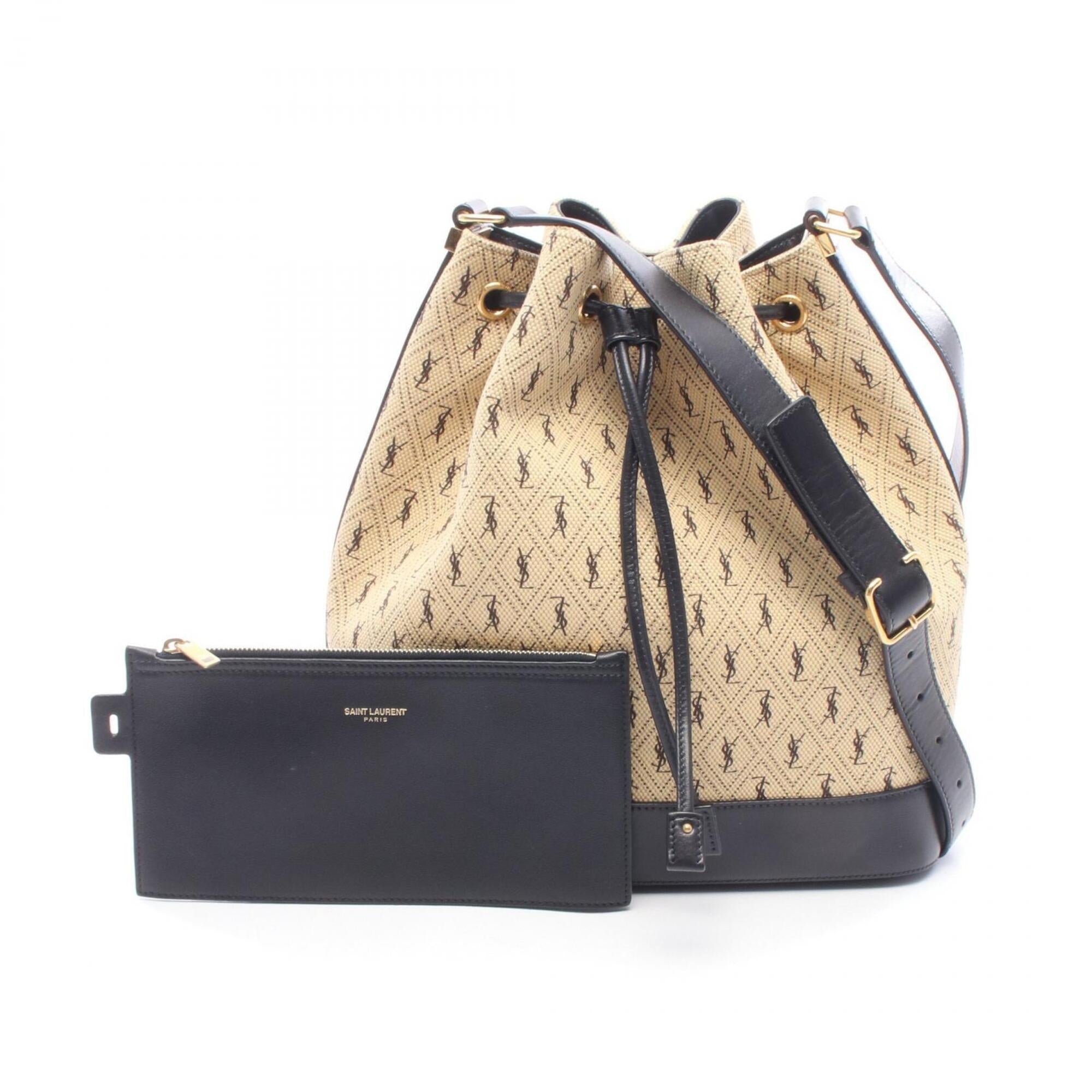 Yves Saint Laurent Beige Black Pvc Coated Canvas Leather Shoulder Bag (Pre-Owned)