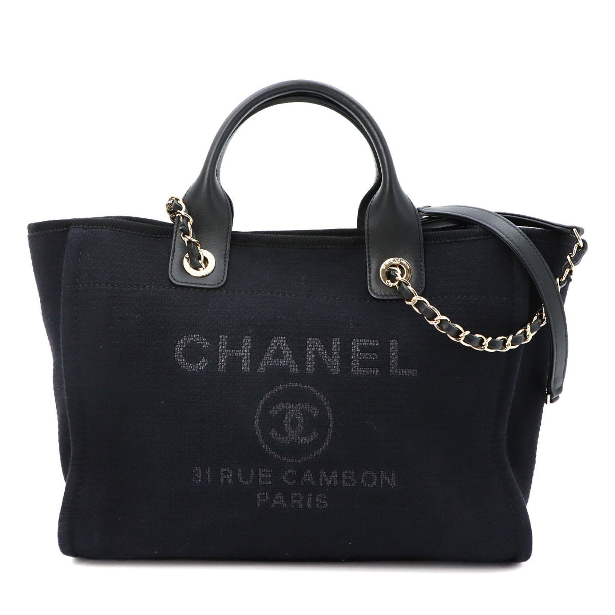 Chanel Black Canvas Leather Handbag Tote Bag (Pre-Owned)