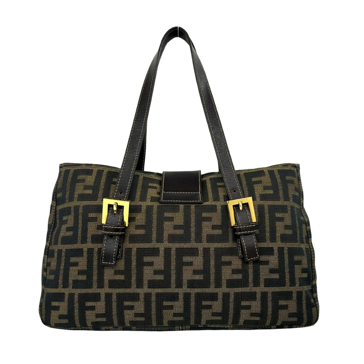 Fendi Black Brown Canvas Leather Handbag Tote Bag (Pre-Owned)