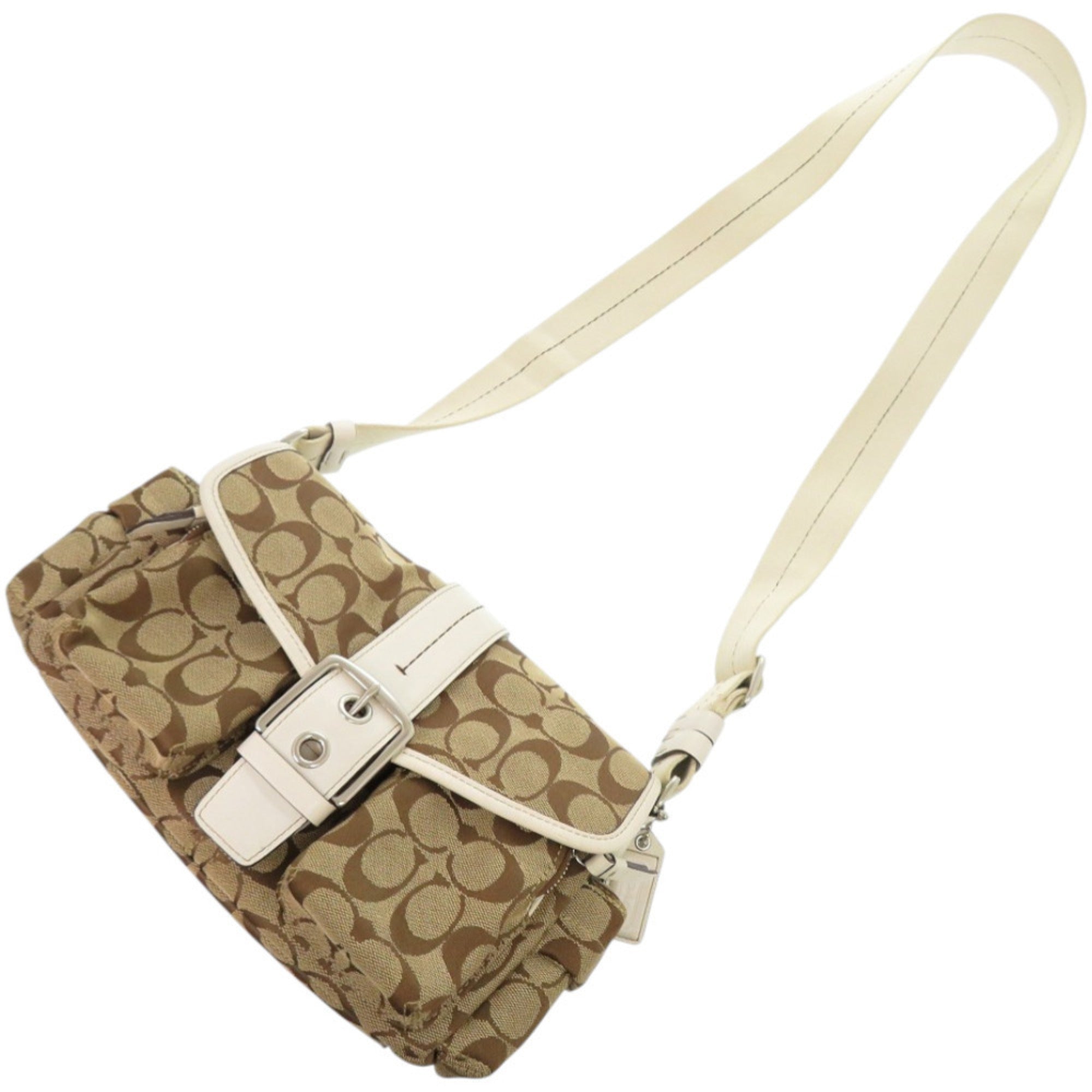 Coach Beige Brown Leather Canvas Shoulder Bag (Pre-Owned)