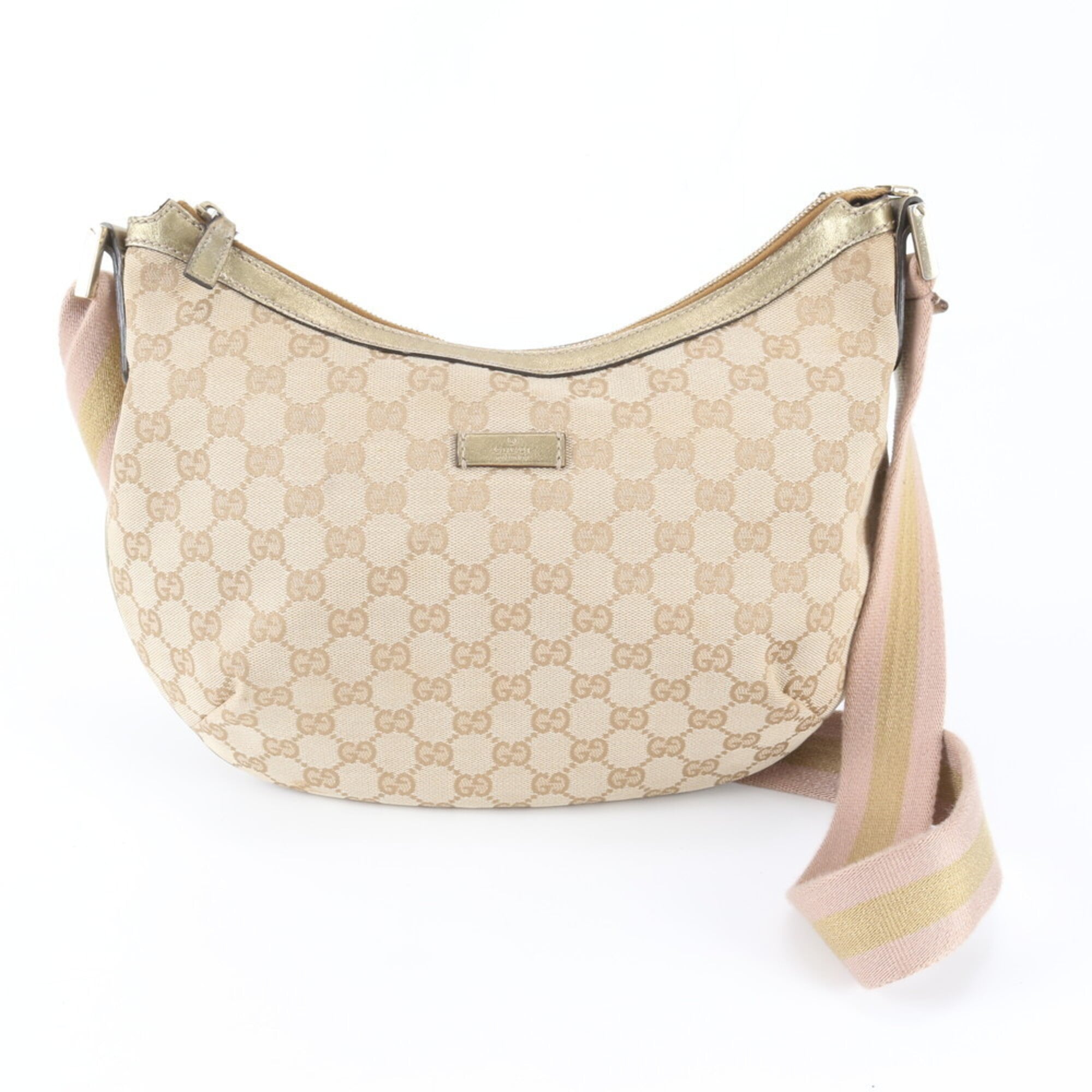 Gucci Beige Gold Leather Canvas Shoulder Bag (Pre-Owned)
