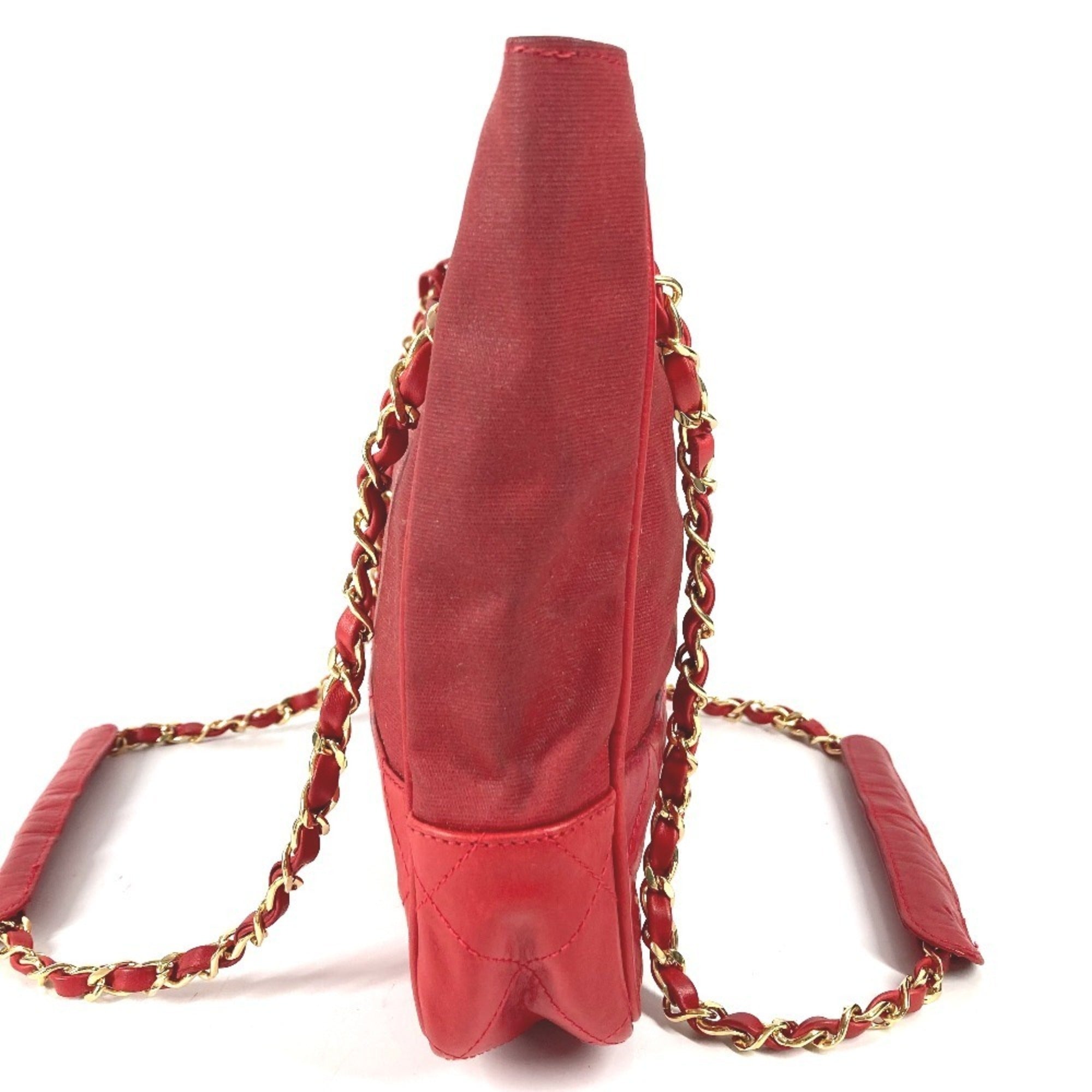 Chanel Red Color Leather Coated Canvas Shoulder Bag Tote Bag (Pre-Owned)