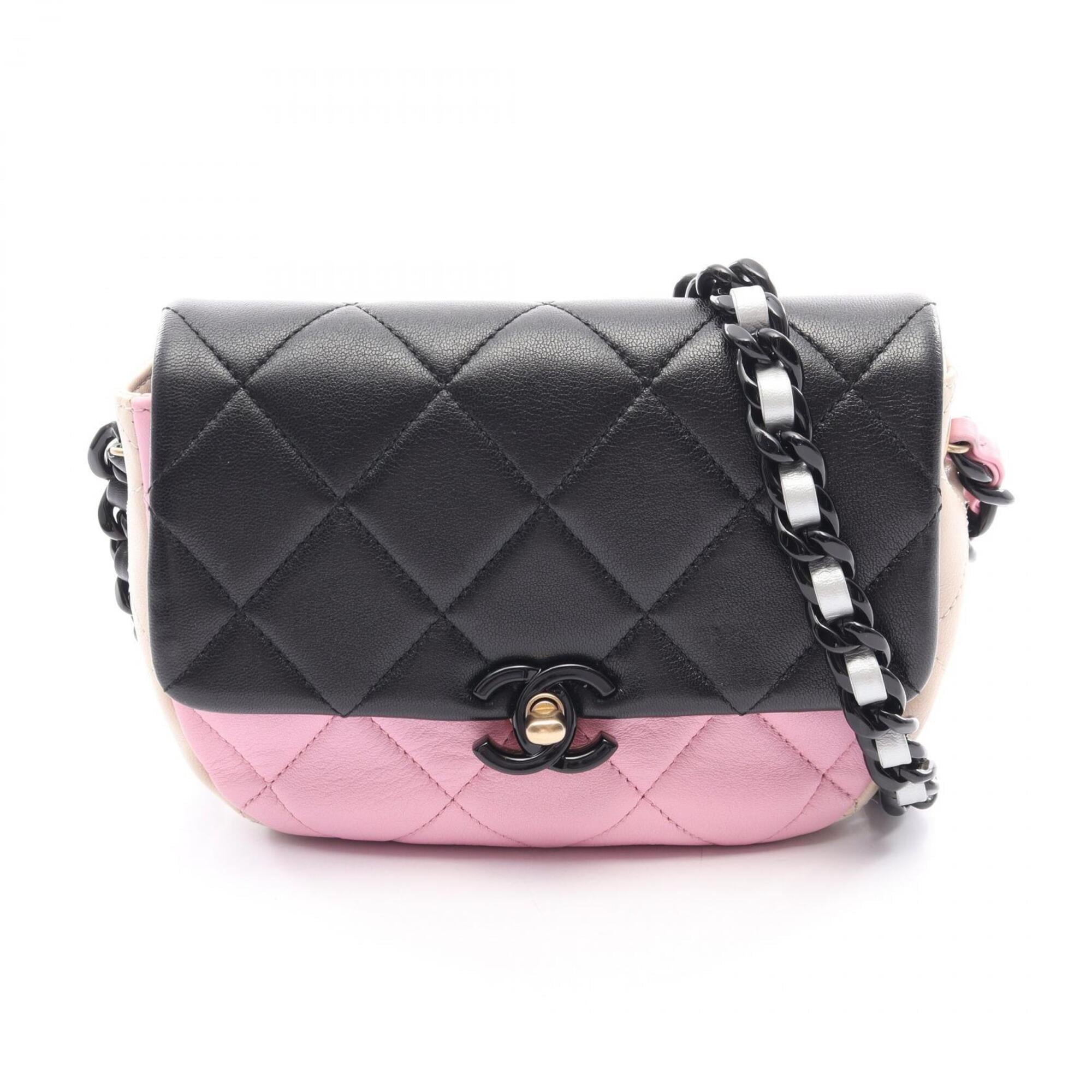 Chanel Beige Black Pink Leather Handbag Shoulder Bag (Pre-Owned)