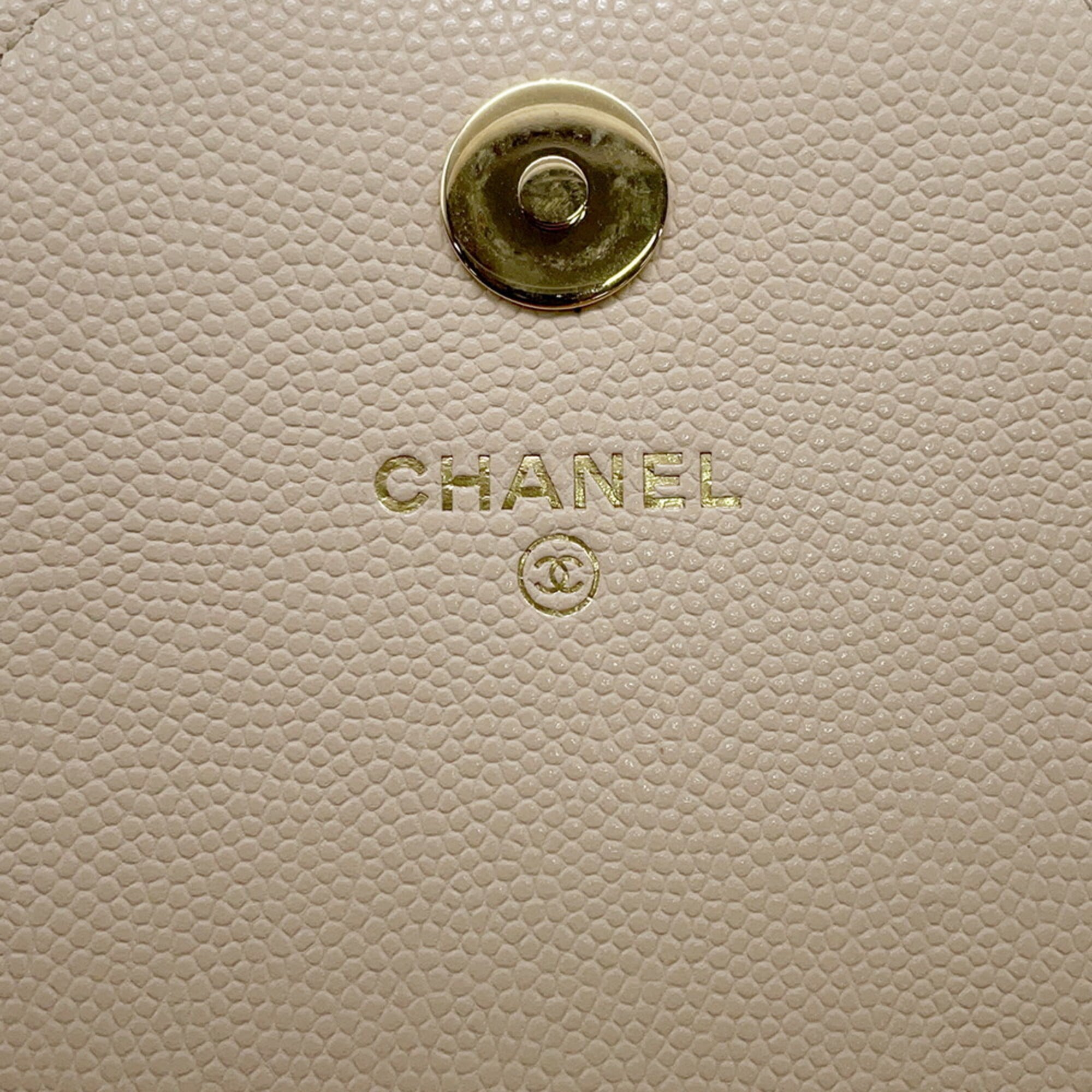 Chanel Beige Black Grained Calfskin Chain/Shoulder Wallet (Pre-Owned)