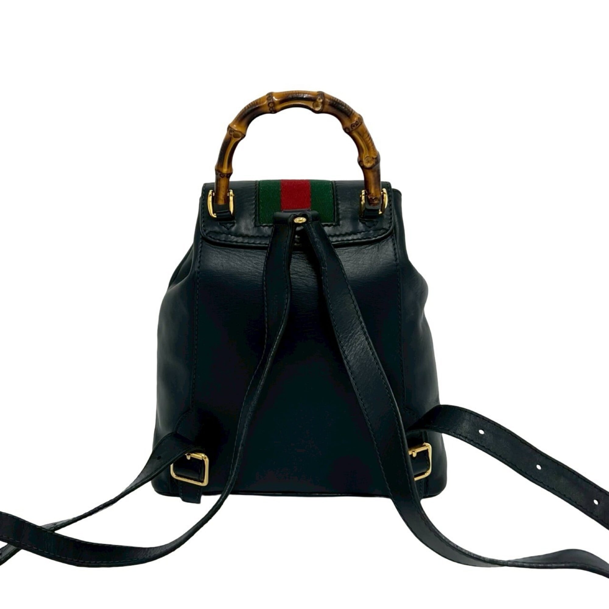Gucci Black Green Red Color Leather Bamboo Backpack (Pre-Owned)