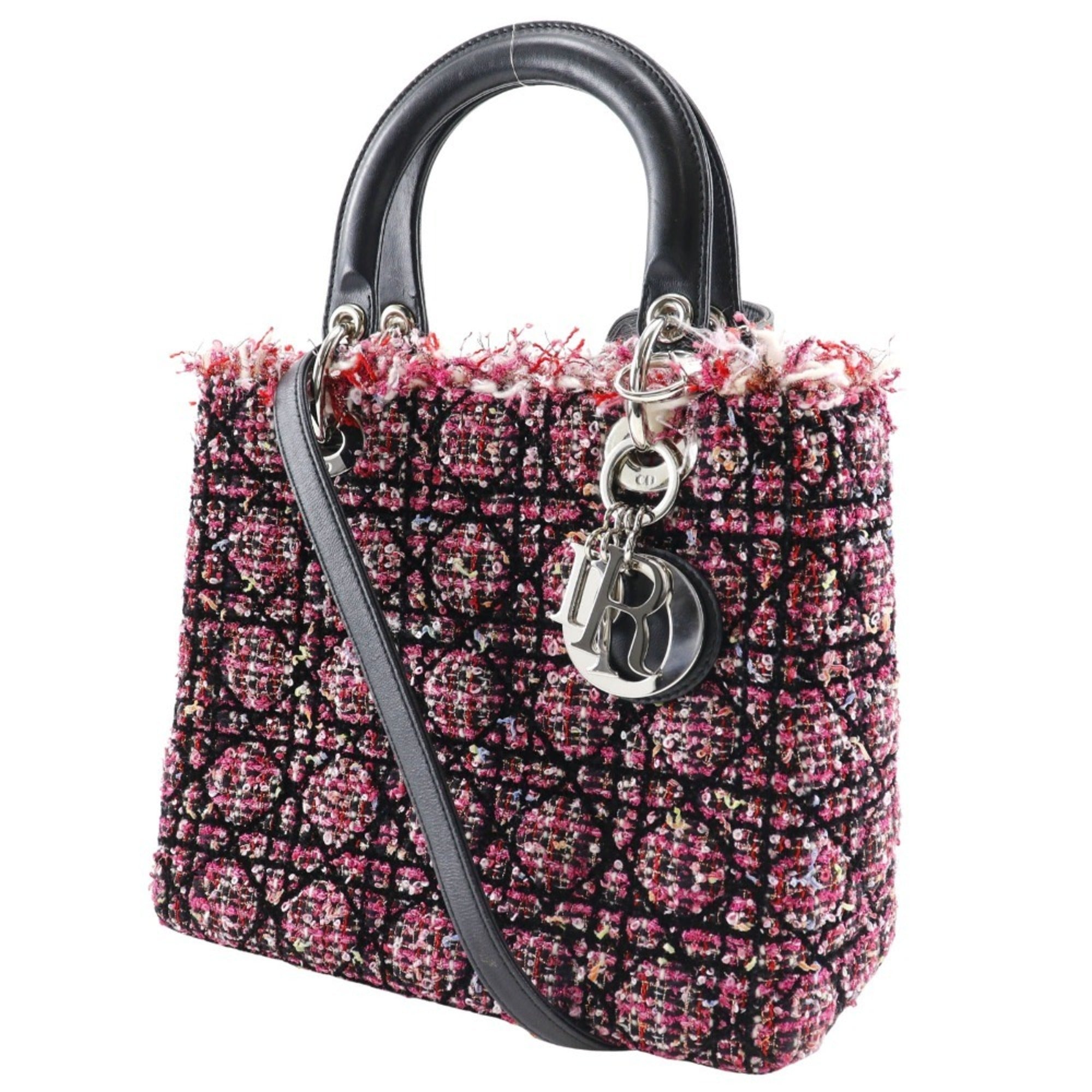 Christian Dior Lady Dior Black Pink Tweed Leather Handbag (Pre-Owned)