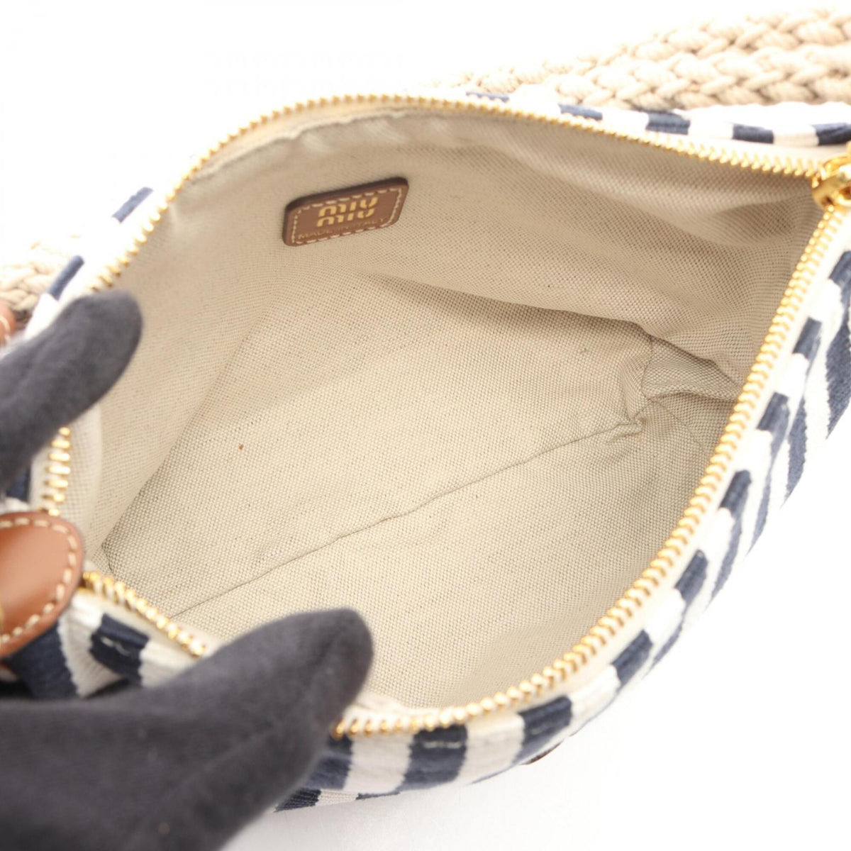 Miu Miu Brown Navy White Canvas Leather Handbag (Pre-Owned)