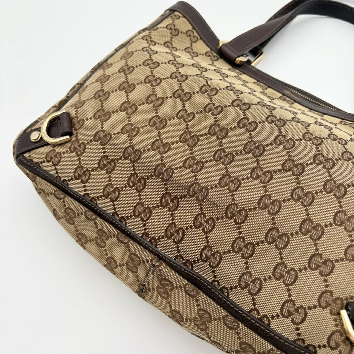 Gucci Beige Dark Brown Gg Canvas Leather Tote Bag (Pre-Owned)