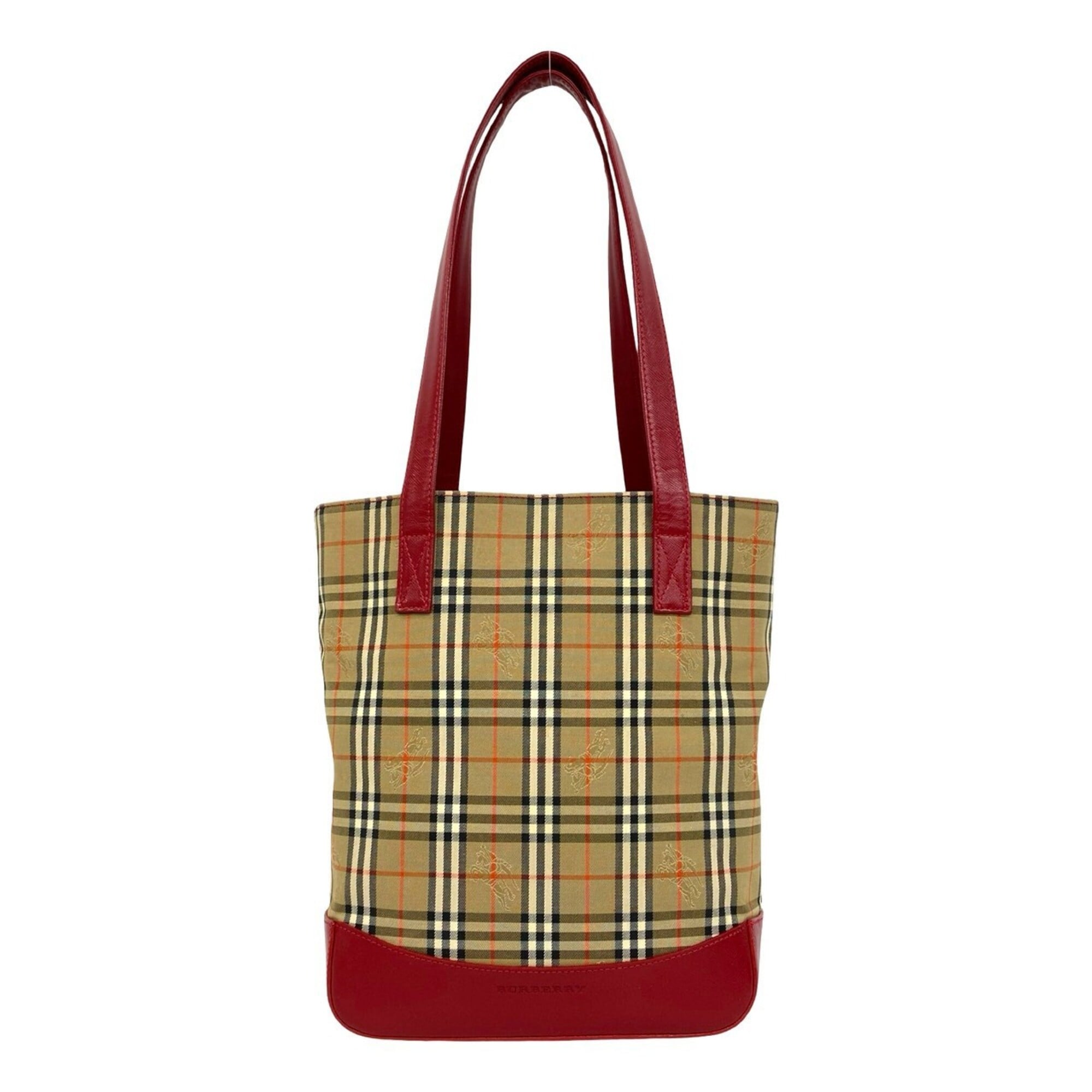 Burberry Beige Red Color Canvas Leather Shoulder Bag Tote Bag (Pre-Owned)
