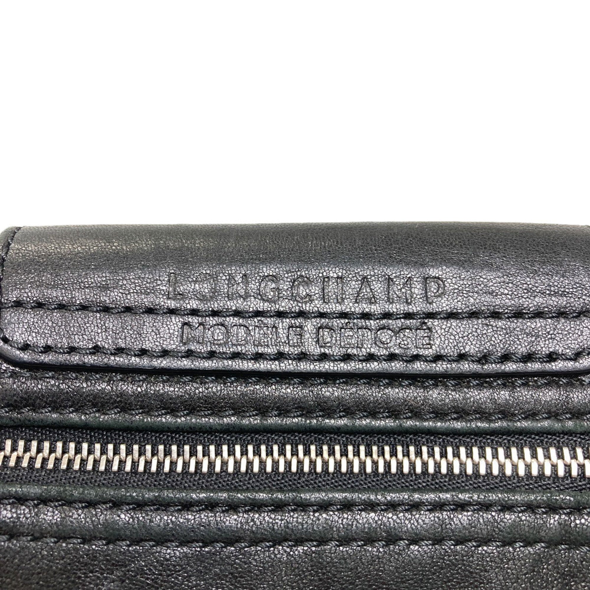 Longchamp Le Pliage Black Leather Shoulder Bag (Pre-Owned)