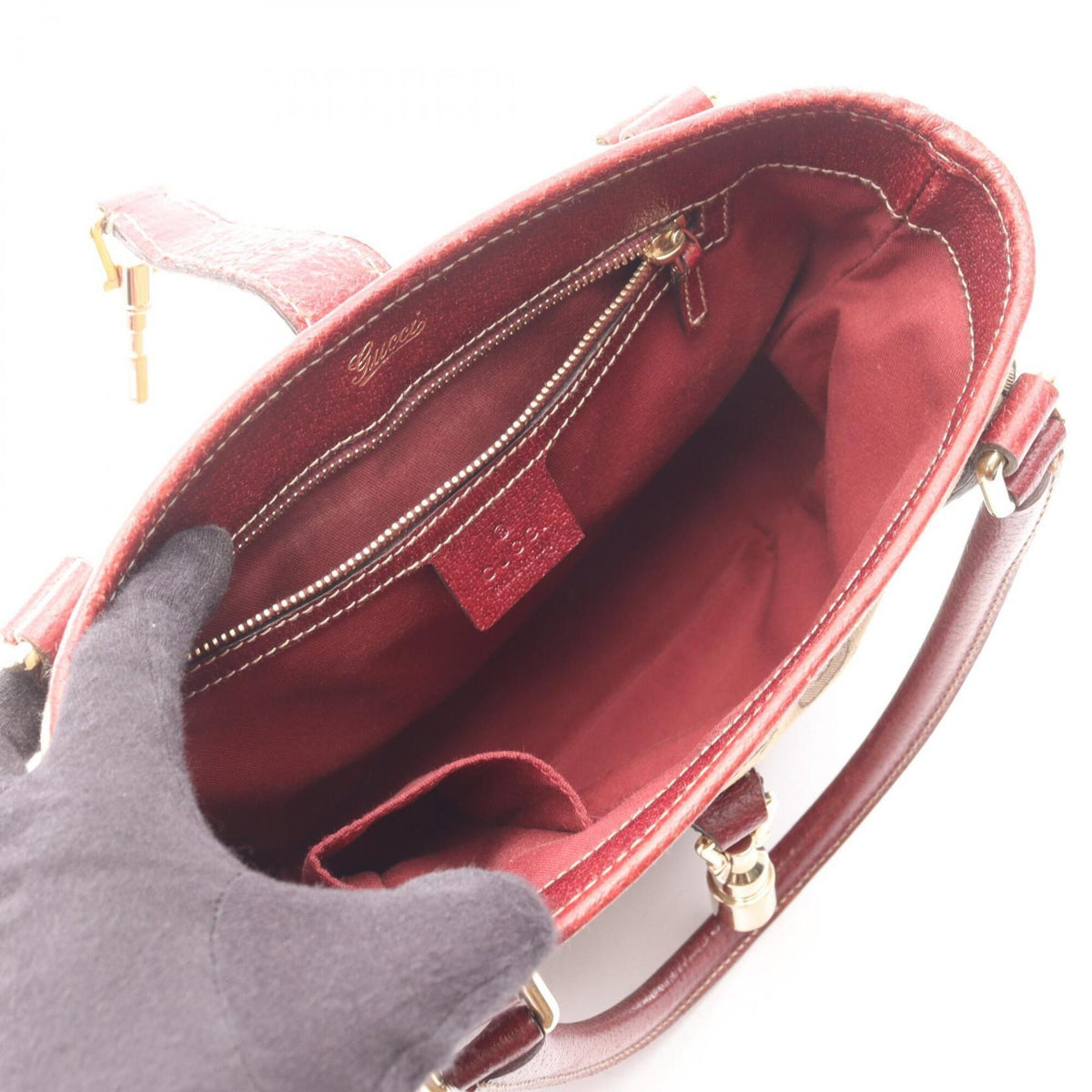 Gucci Beige Bordeaux Canvas Leather Handbag (Pre-Owned)