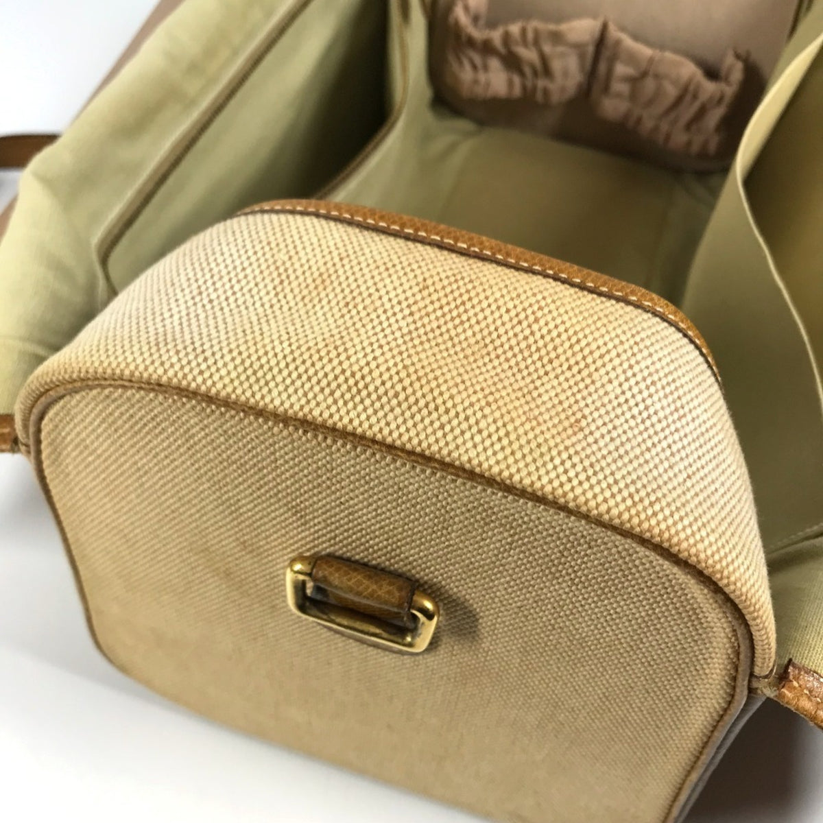 Hermes Beige Brown Leather Canvas Boston Bag Shoulder Bag Vanity Bag (Pre-Owned)