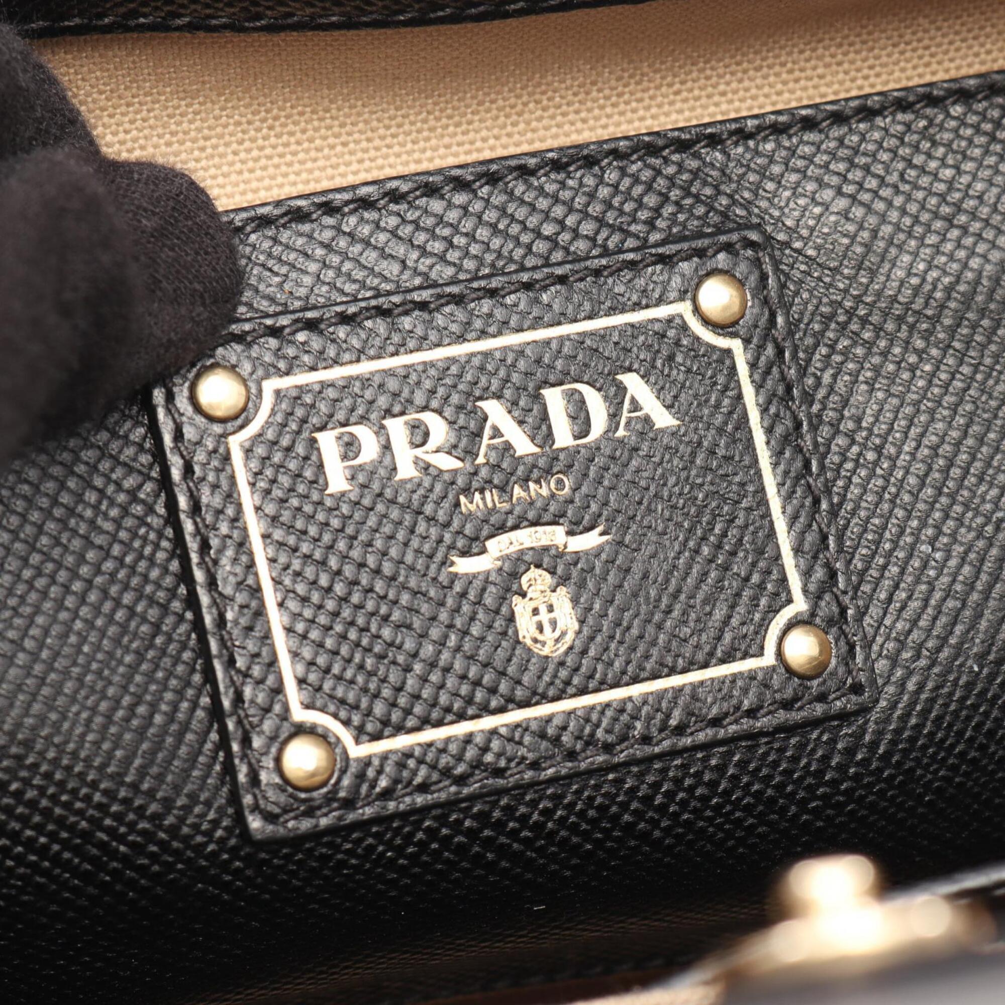 Prada Black Ivory Canvas Leather Handbag (Pre-Owned)